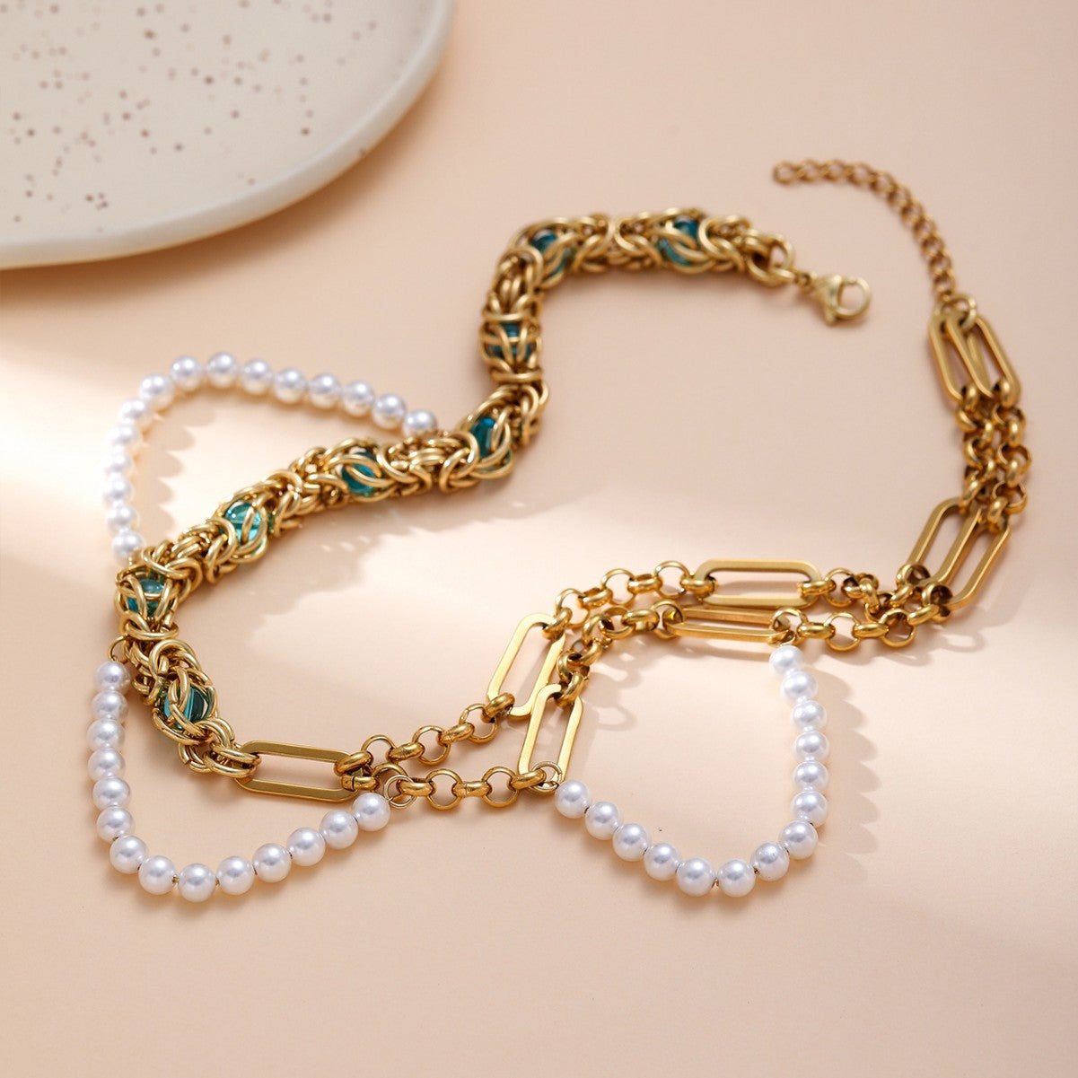 Titanium Steel Pearl Cuban Coarse Chain Splicing Necklace