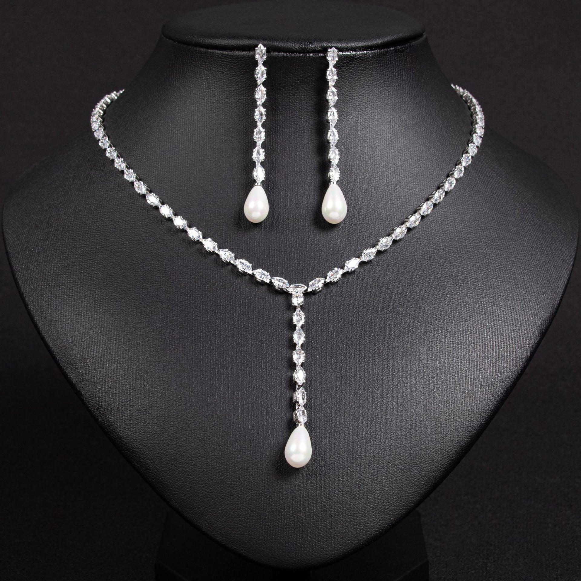 Elegant Pearl and Crystal Y Necklace Earrings Set – Luxury Bridal Jewelry for Women