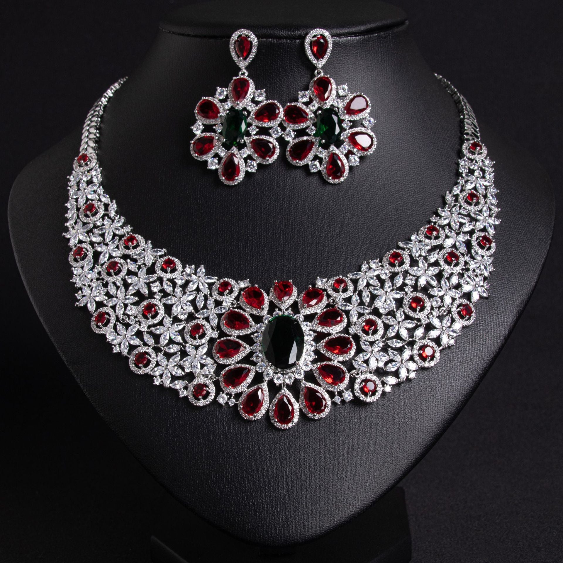 Luxury Red Gemstone Flower Necklace and Earrings Set – Elegant Statement Jewelry