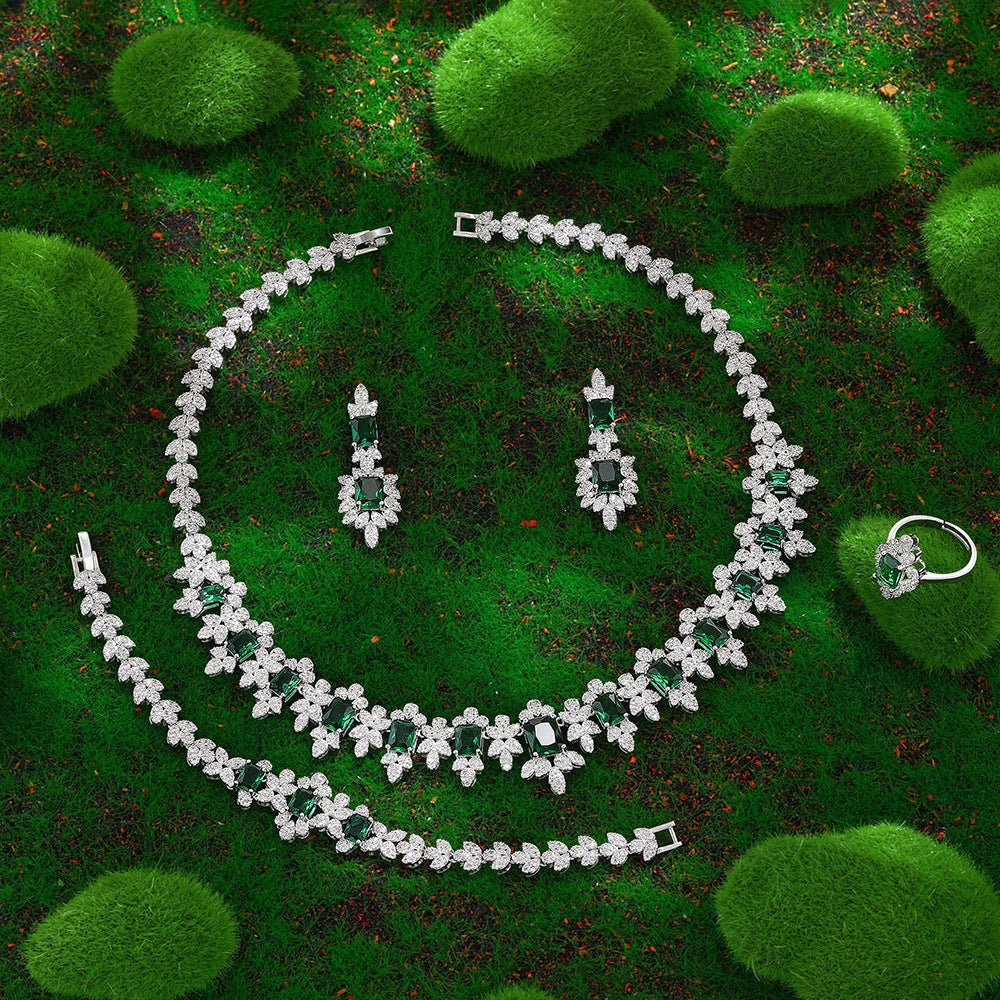 Luxury Emerald Green Crystal Jewelry Set – Necklace Earrings Bracelet Ring for Women