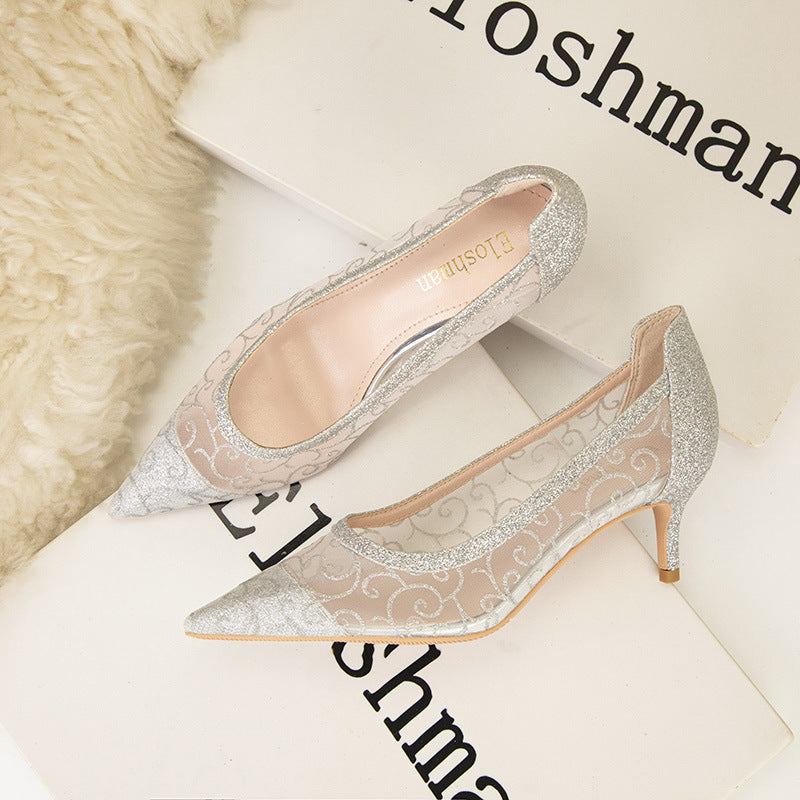 Pointed mesh hollow lace banquet wedding heels