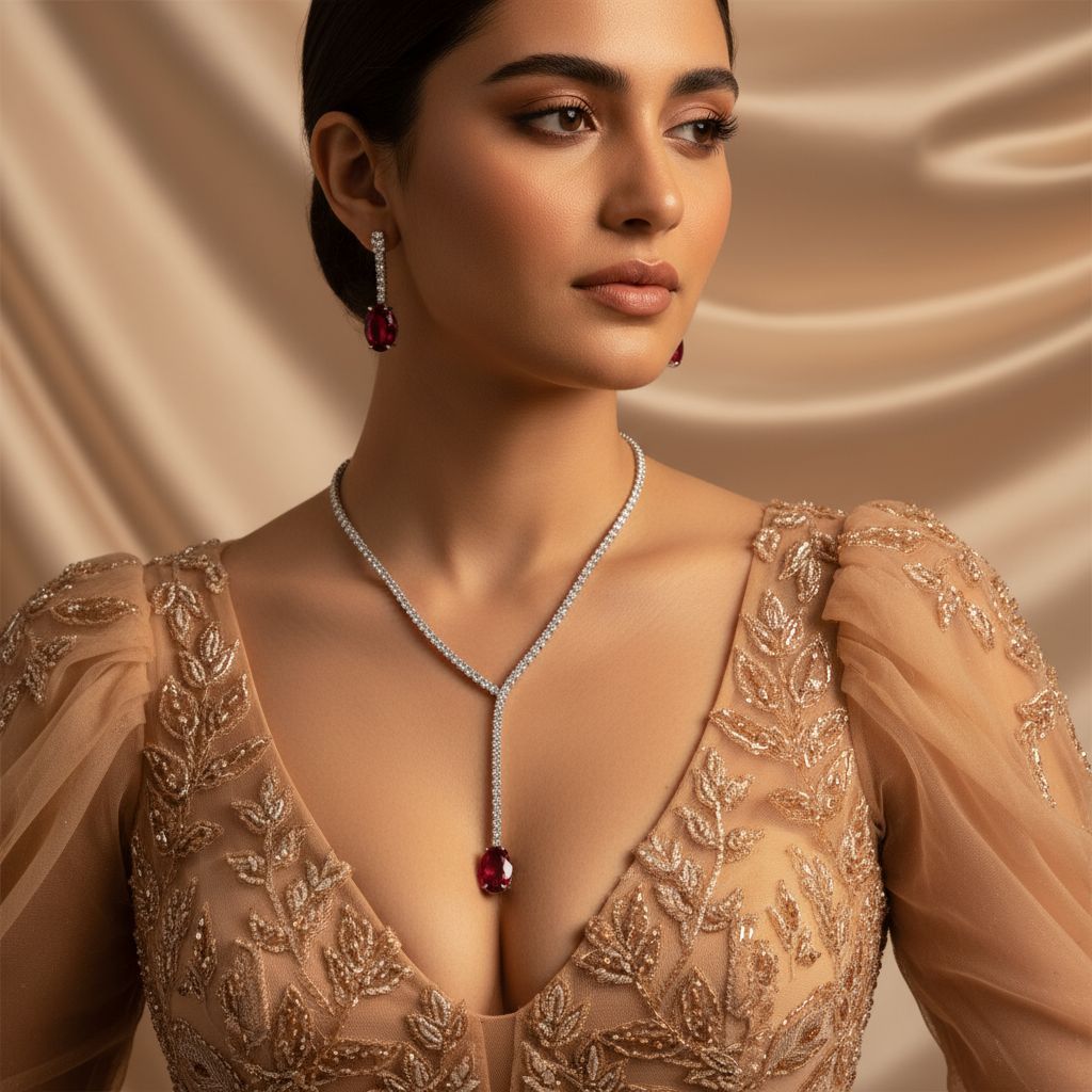 Elegant Red Crystal Teardrop Y Necklace and Earrings Set – Luxury Statement Jewelry Collection