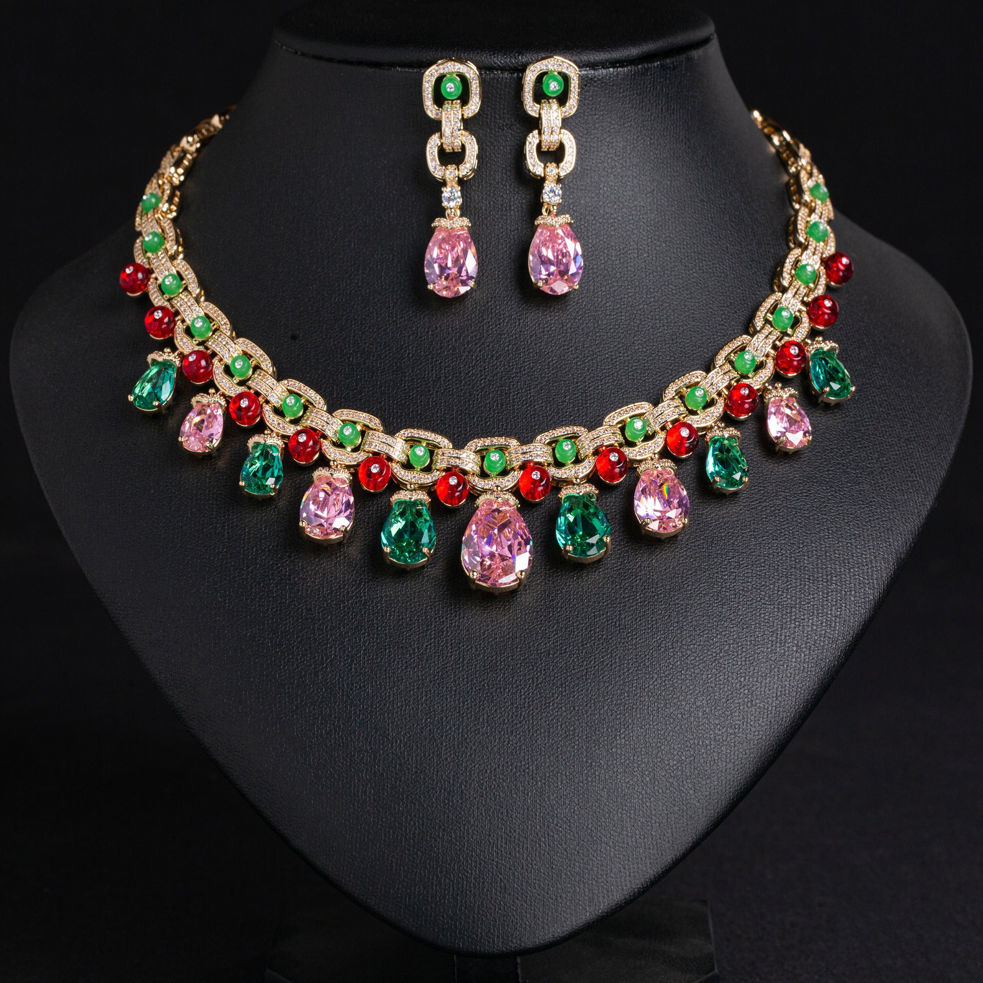 Luxury Multicolor Crystal Necklace Set with Pink Green Red Stones – Statement Jewelry for Women