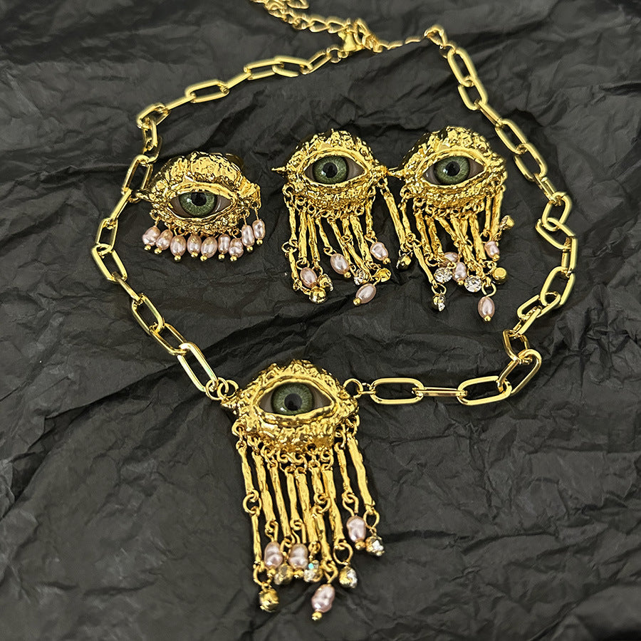 Personalized Demon's Eye Pearl Tassel Necklace, ring, earring, jewelry set