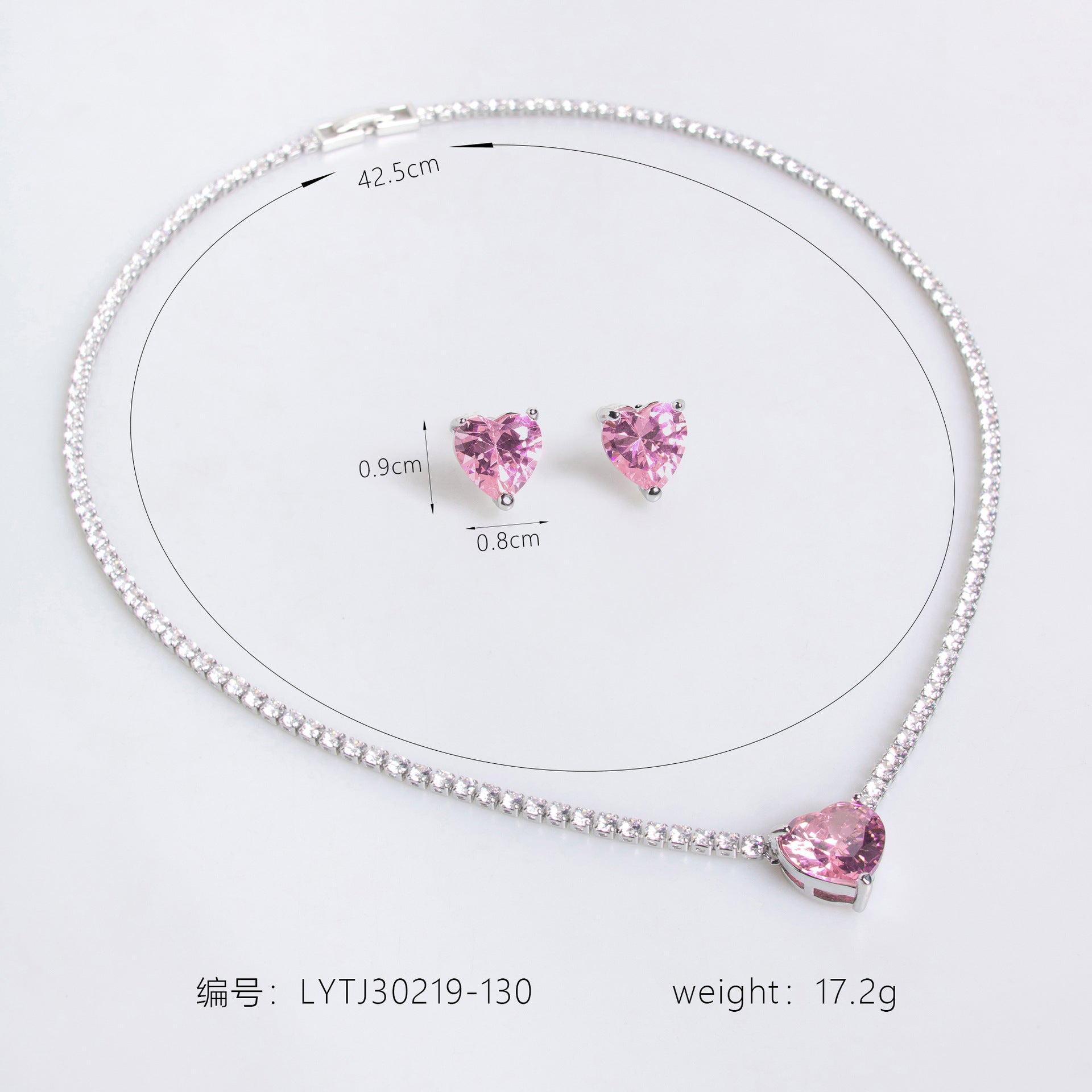 Luxury Pink Heart Crystal Necklace and Earrings Jewelry Set for Women