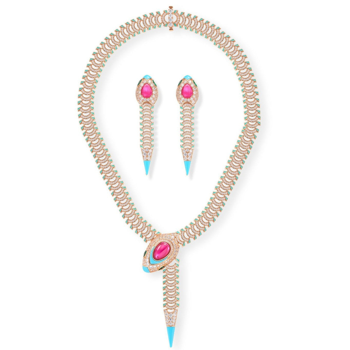 Luxury Rose Gold Statement Jewelry Set Snake Design Necklace Earrings with Ruby Blue Enamel Accent for Women