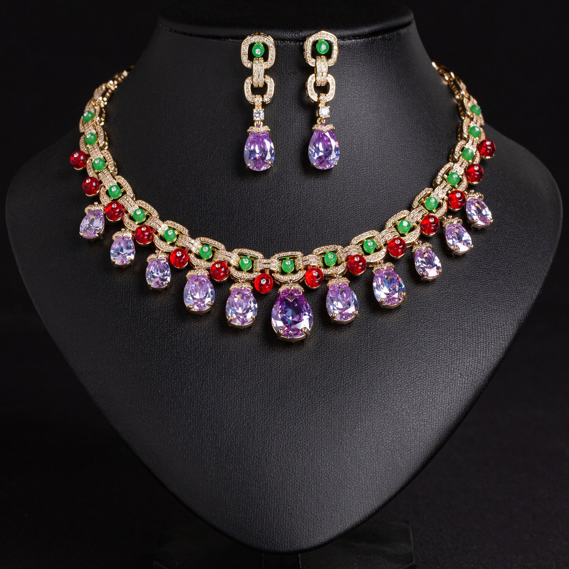Luxury Multicolor Crystal Necklace Set with Pink Green Red Stones – Statement Jewelry for Women