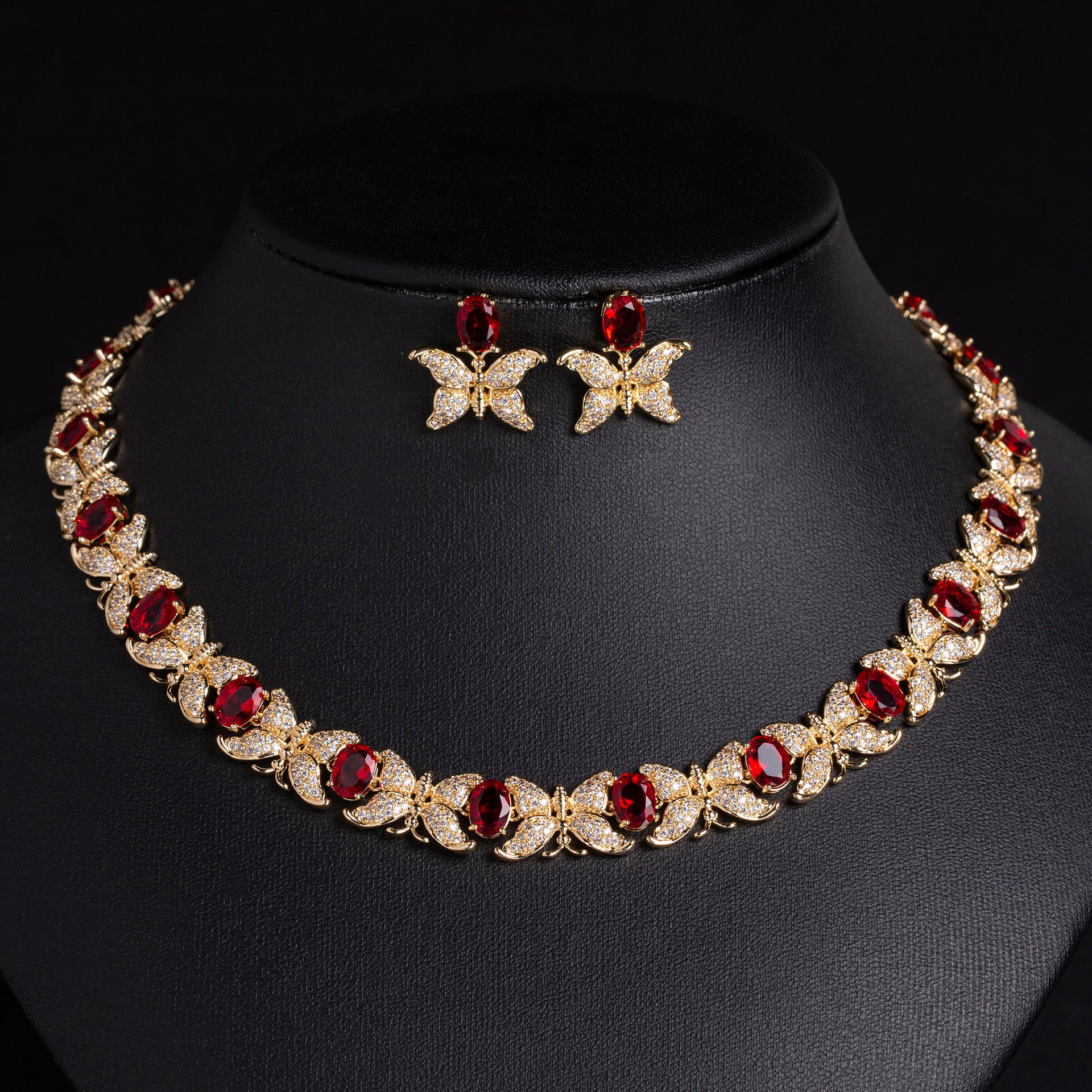 Luxury Butterfly Crystal Necklace Set with Multicolor Red Pink Purple Stones – Statement Jewelry for Women