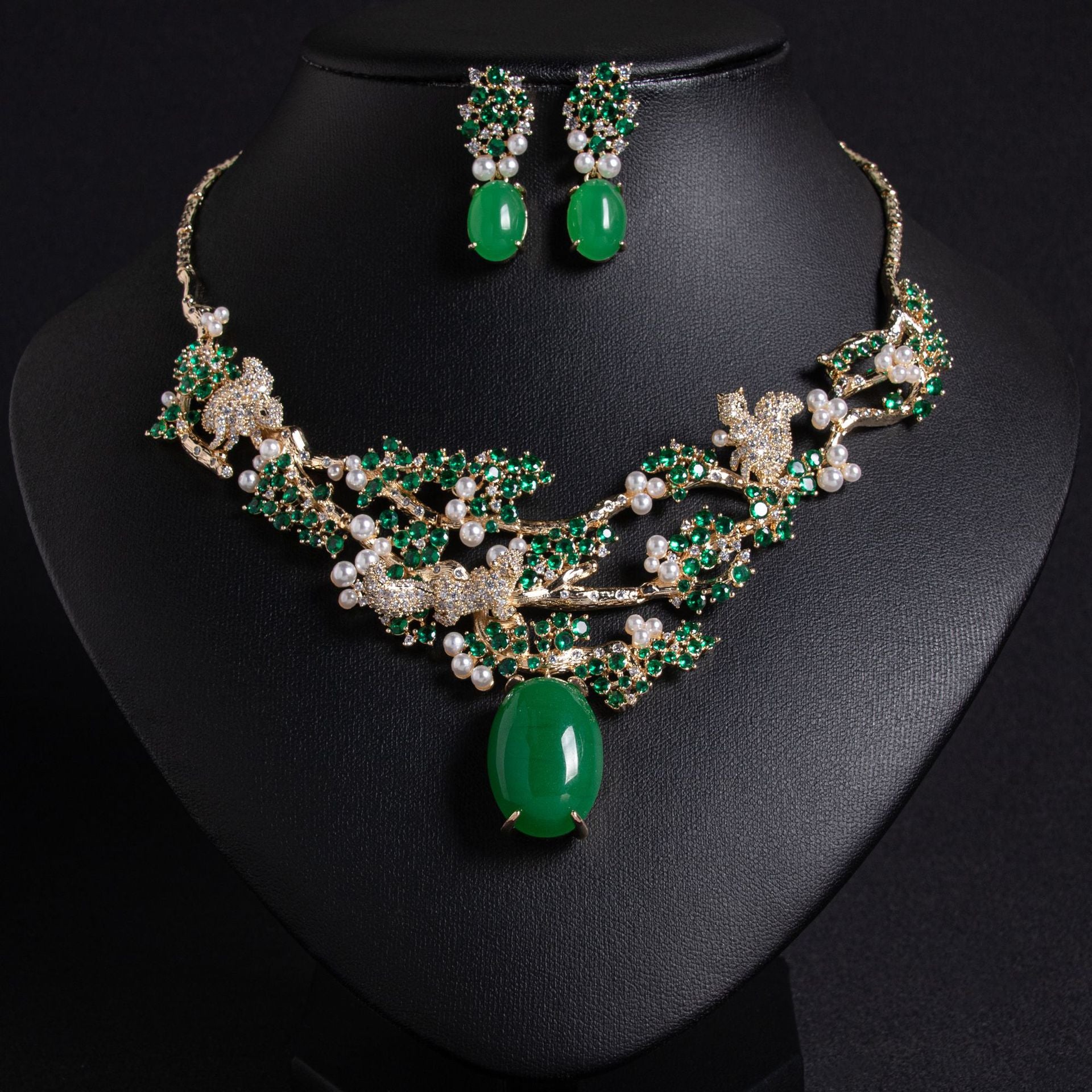 Elegant Red Crystal Pearl Necklace Set – Floral Earrings Jewelry for Women