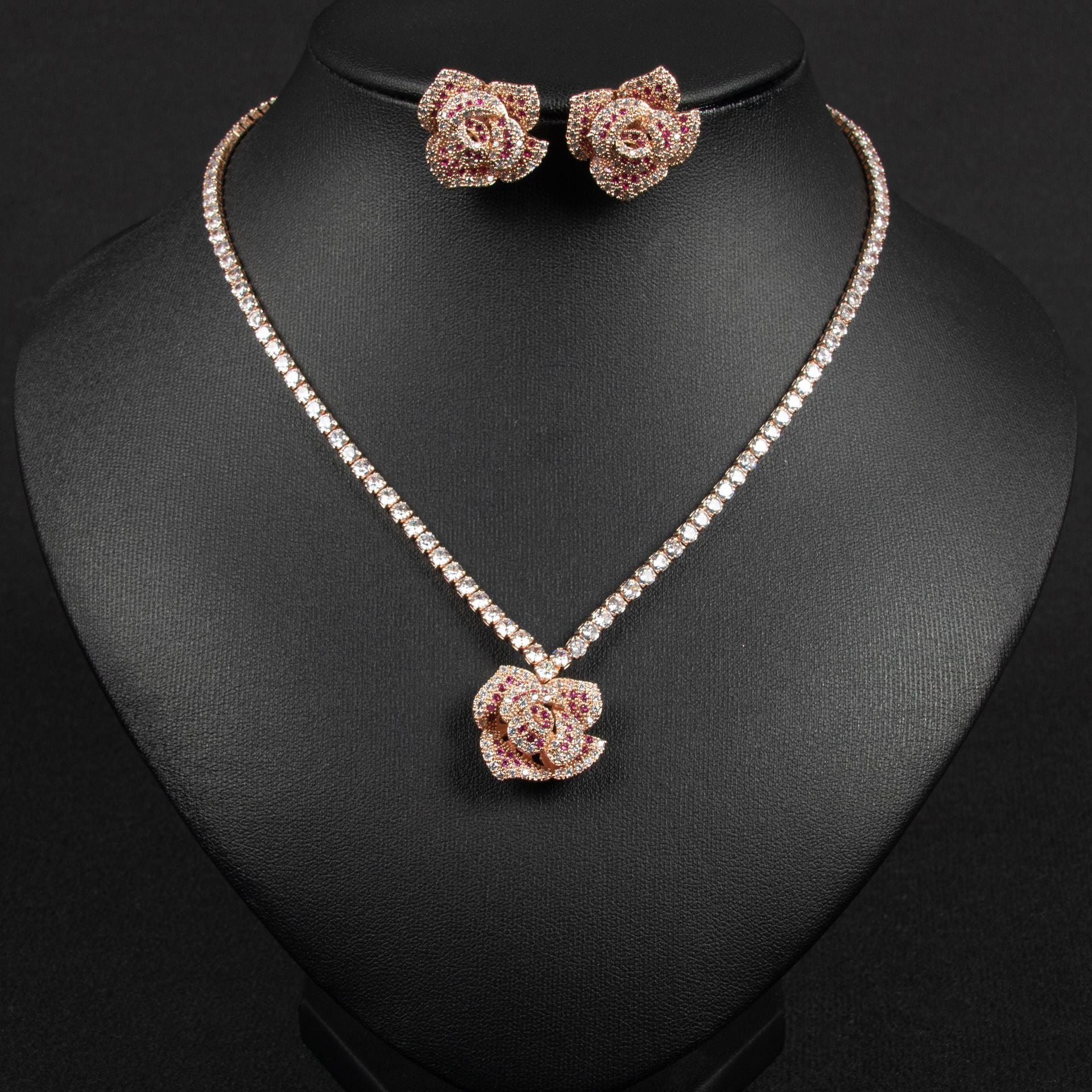 Elegant Rose Crystal Pendant Necklace and Earrings Set – Luxury Floral Jewelry