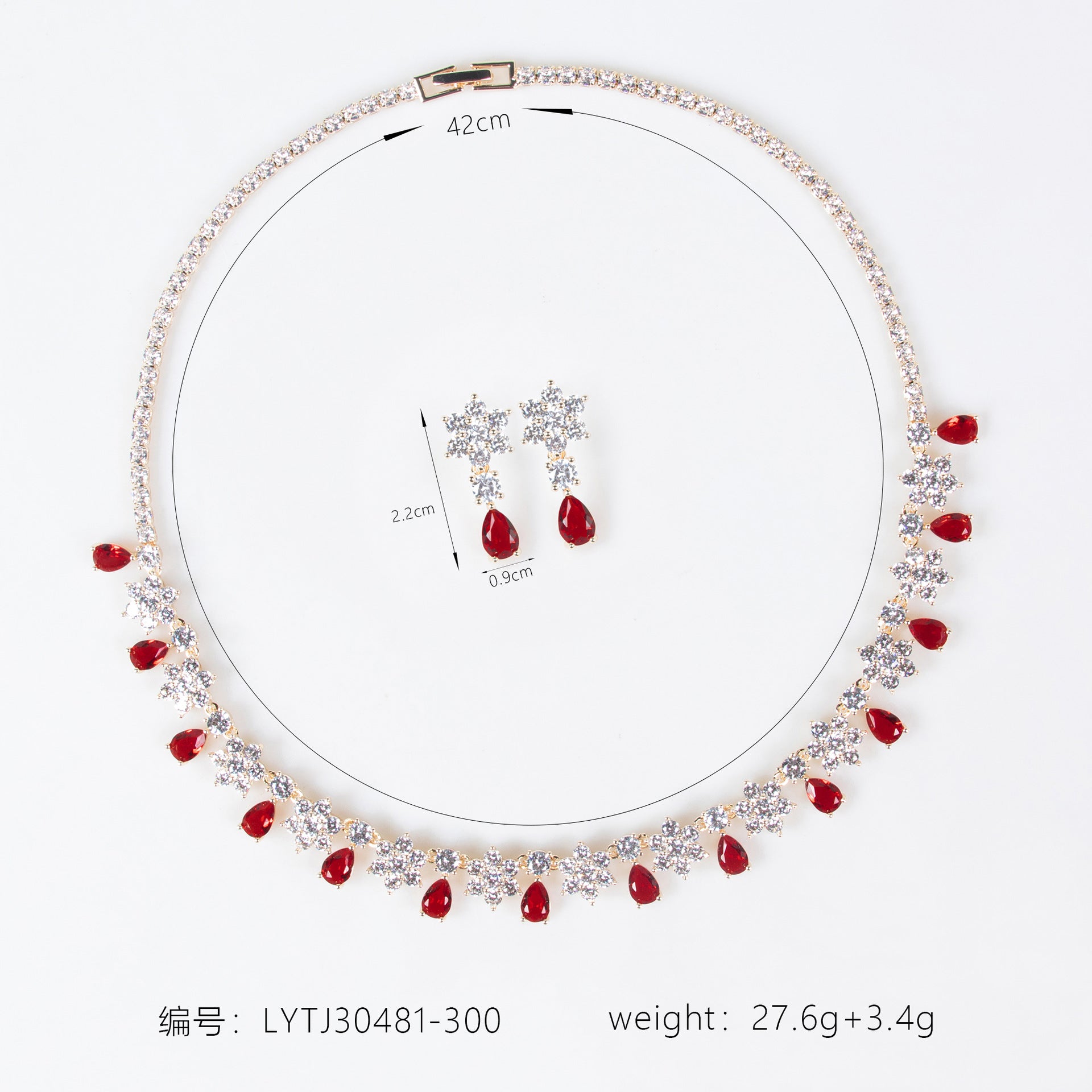 Parure collier et boucles d'oreilles élégante en cristal de rubis