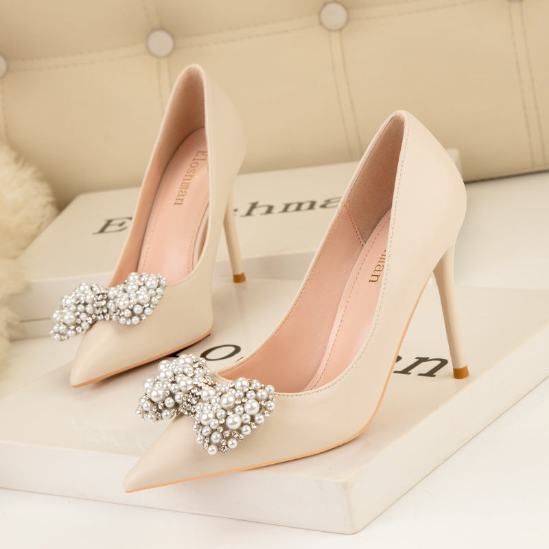 Fashion pointed pearl bow high heels