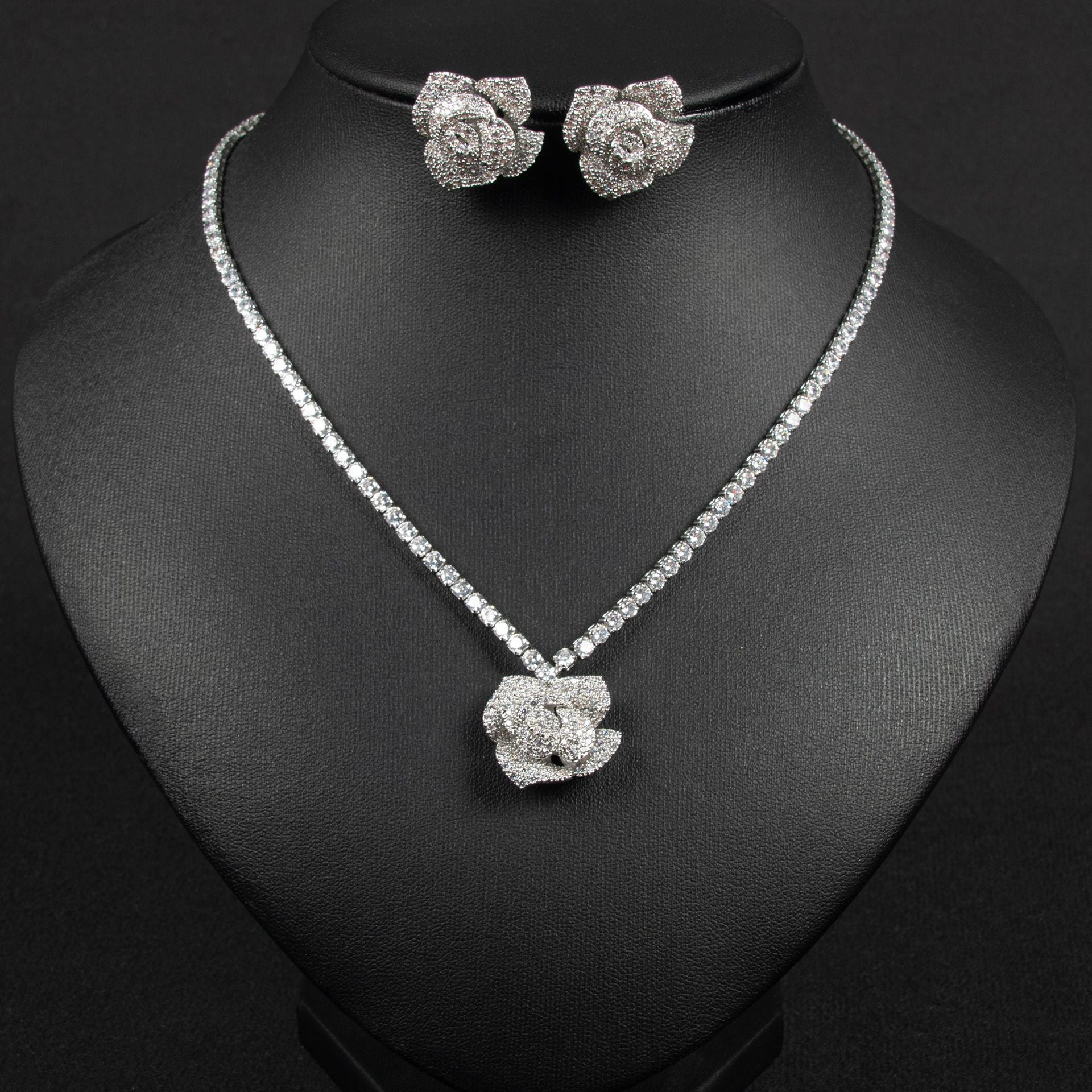 Elegant Rose Crystal Pendant Necklace and Earrings Set – Luxury Floral Jewelry