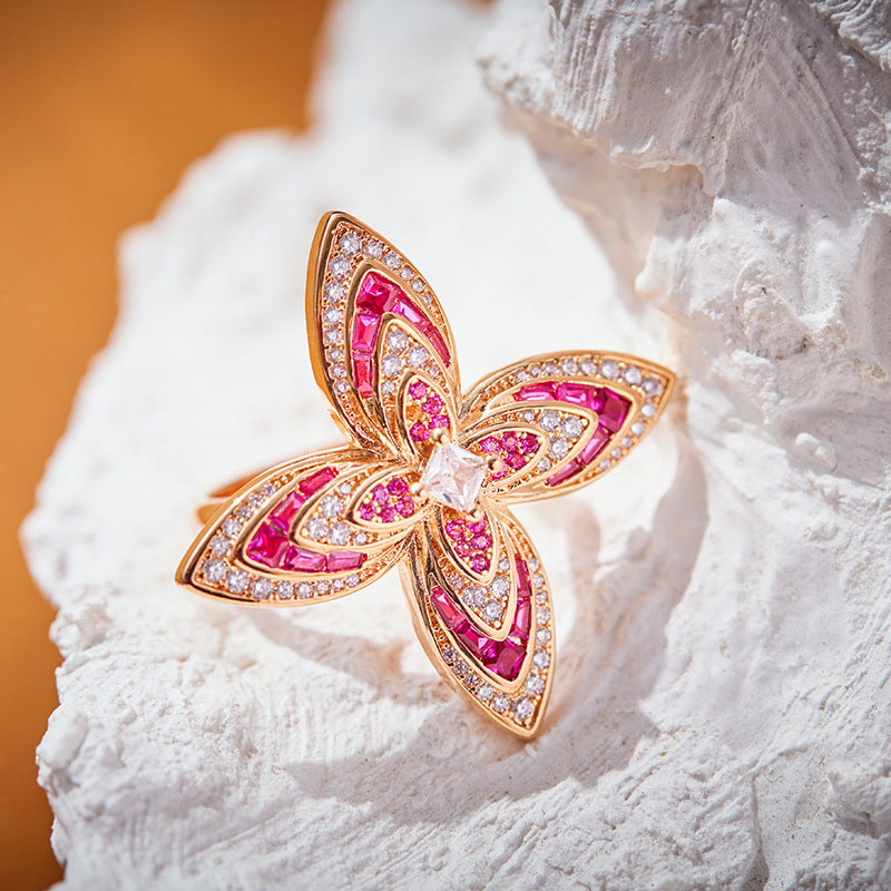 Fashion Gold Plated Red Diamond Flower Necklace
