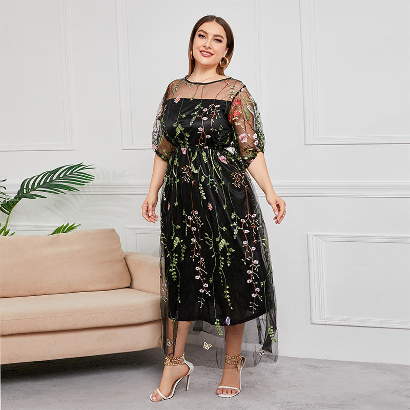 French plus size mesh embroidered dress