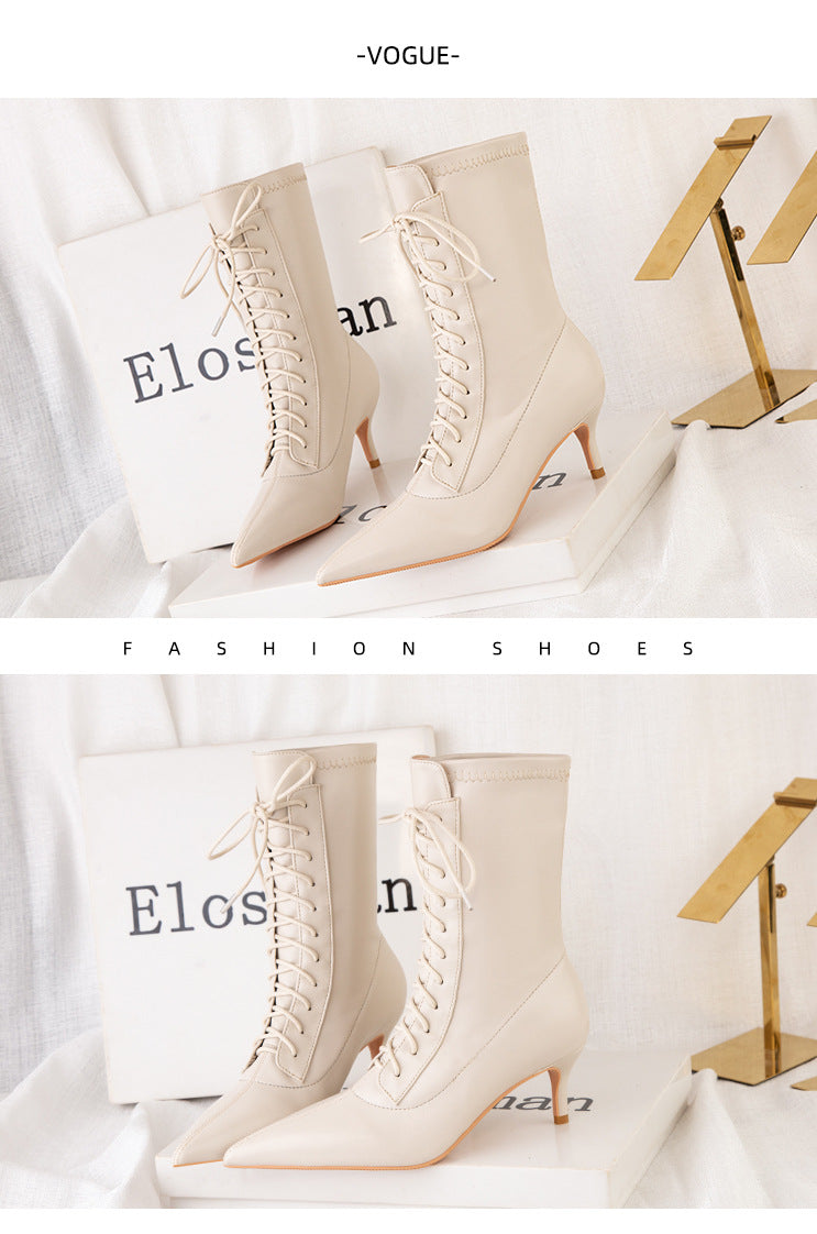 Fashion high-heeled strappy pointed elastic short boots