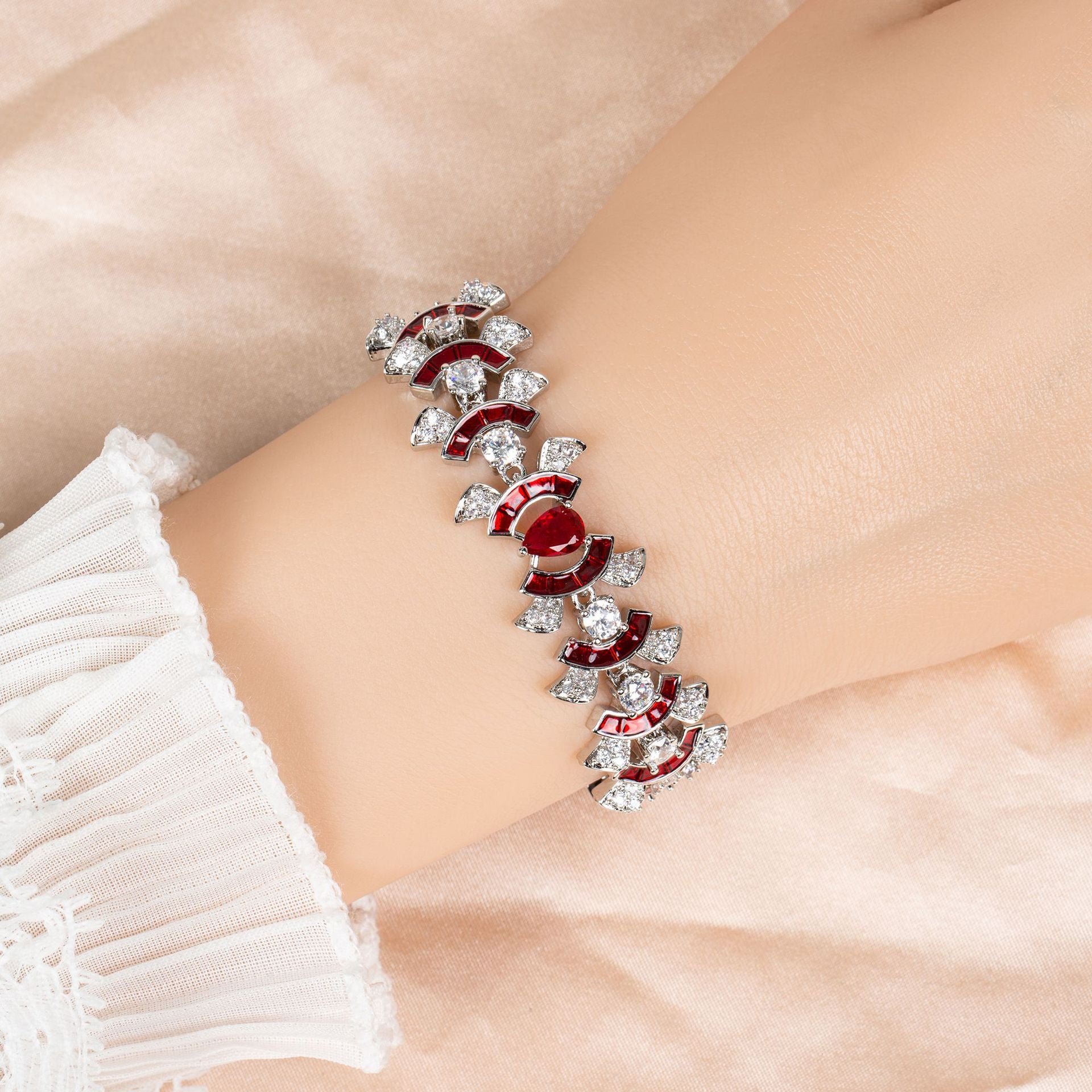 Luxury Ruby Red Crystal Bracelet – Silver Tone Fan Shape Statement Jewelry for Women
