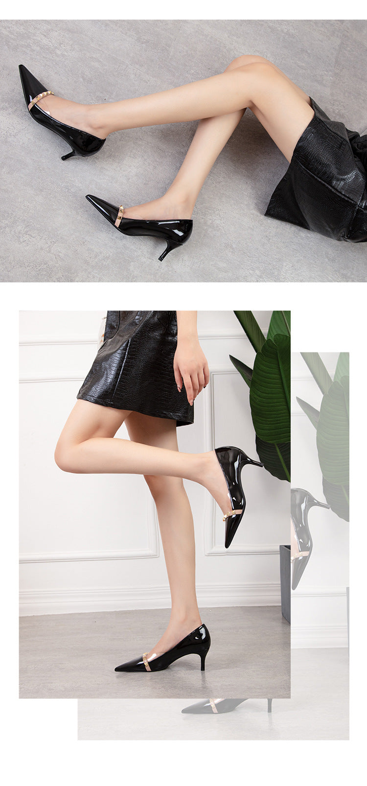 Sexy pointed patent leather rivets shallow high heels