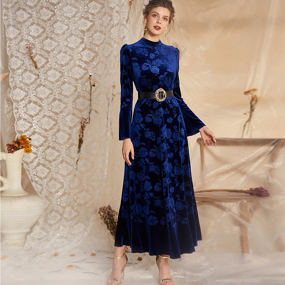 Fashionable velvet printed long sleeved dress