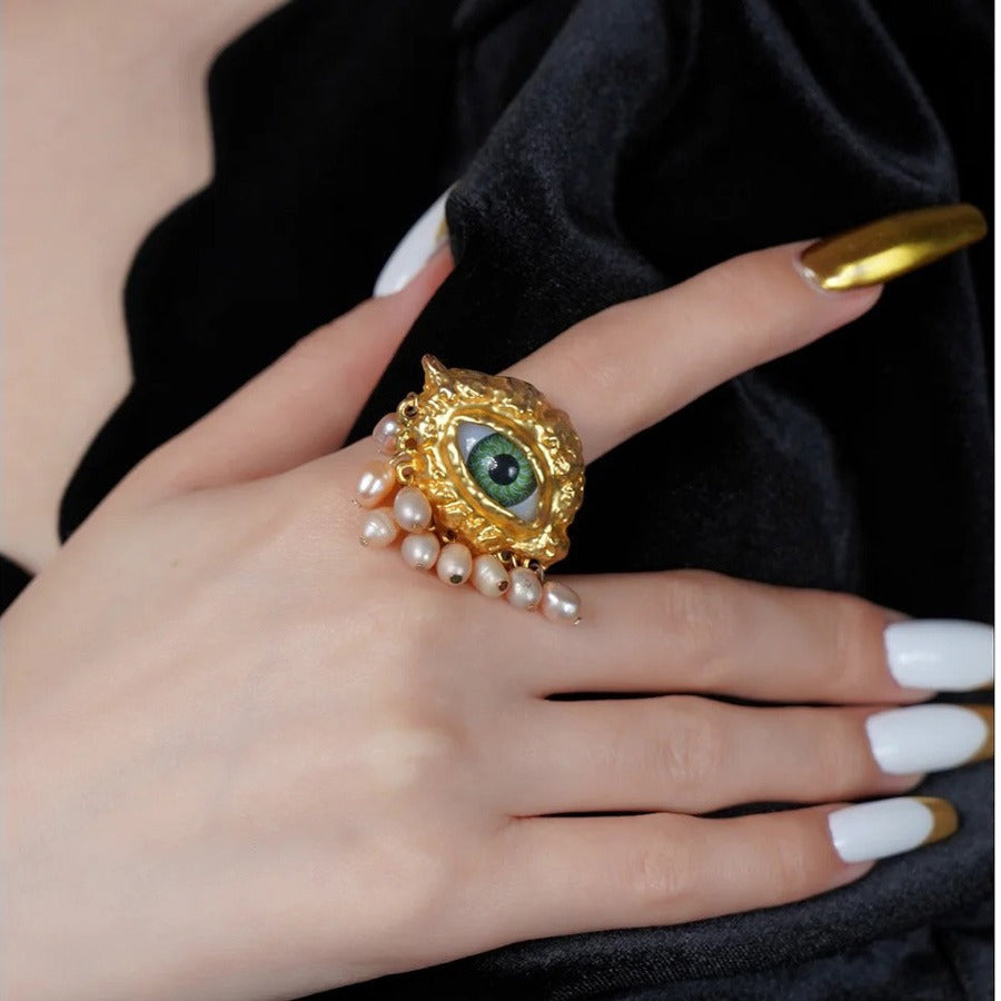 Personalized Demon's Eye Pearl Tassel Necklace, ring, earring, jewelry set