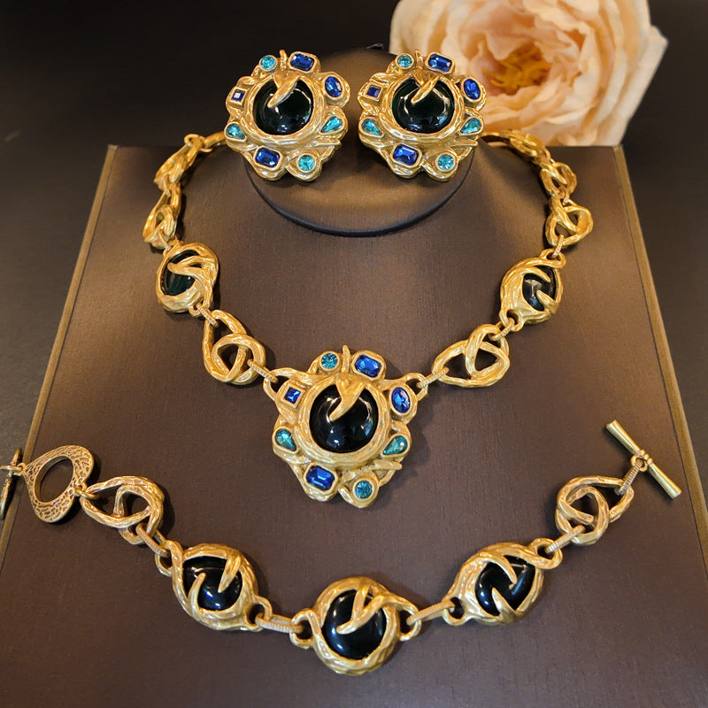 Vintage Blue Rhinestone Sunflower Necklace Set
