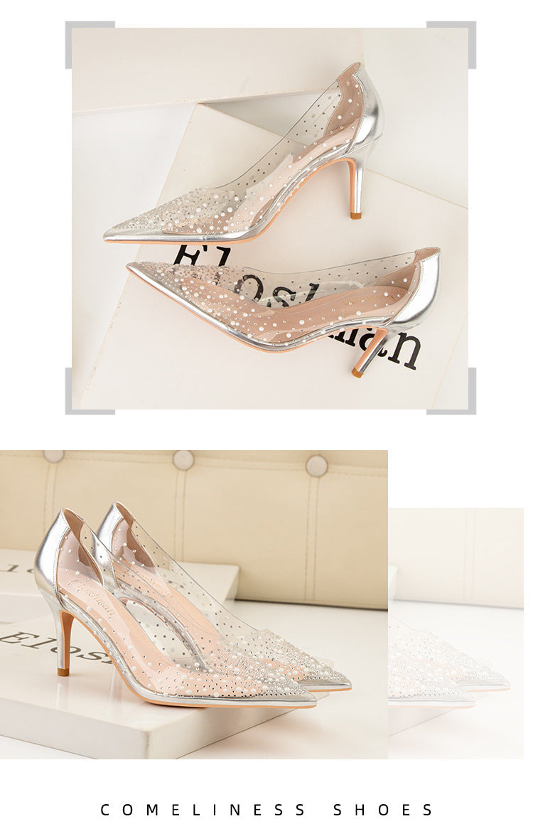 Transparent hollow pearl rhinestone sexy high heels