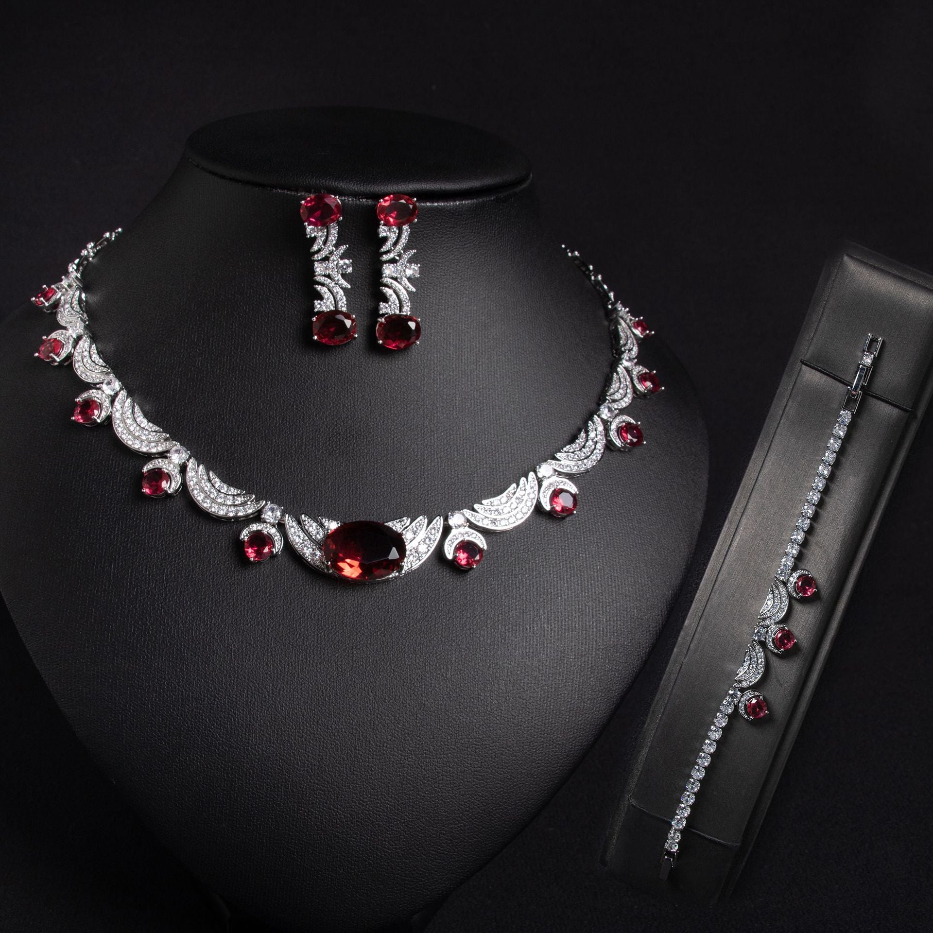 Luxury Ruby Red Crystal Necklace Earrings Bracelet Jewelry Set for Women
