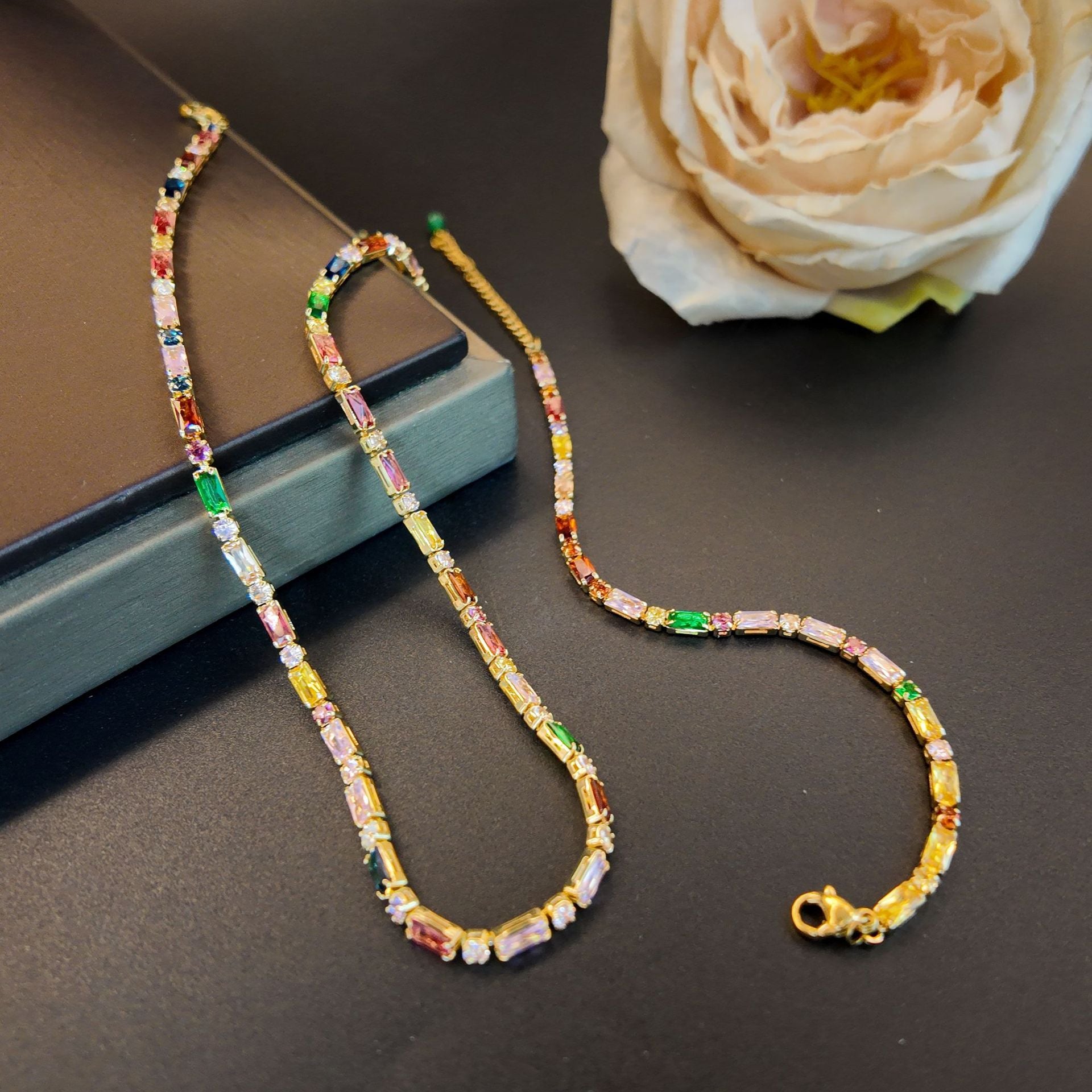 Light Luxury Rainbow Gem Bracelet Necklace Set