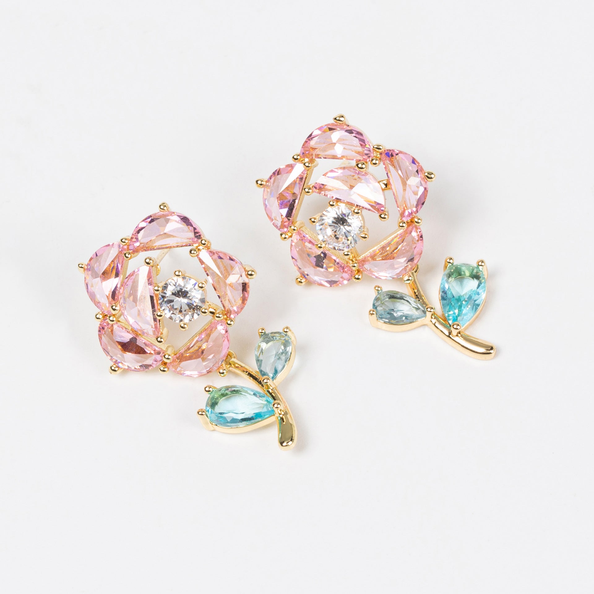 Luxury Pink Crystal Rose Earrings – Elegant Floral Jewelry for Women