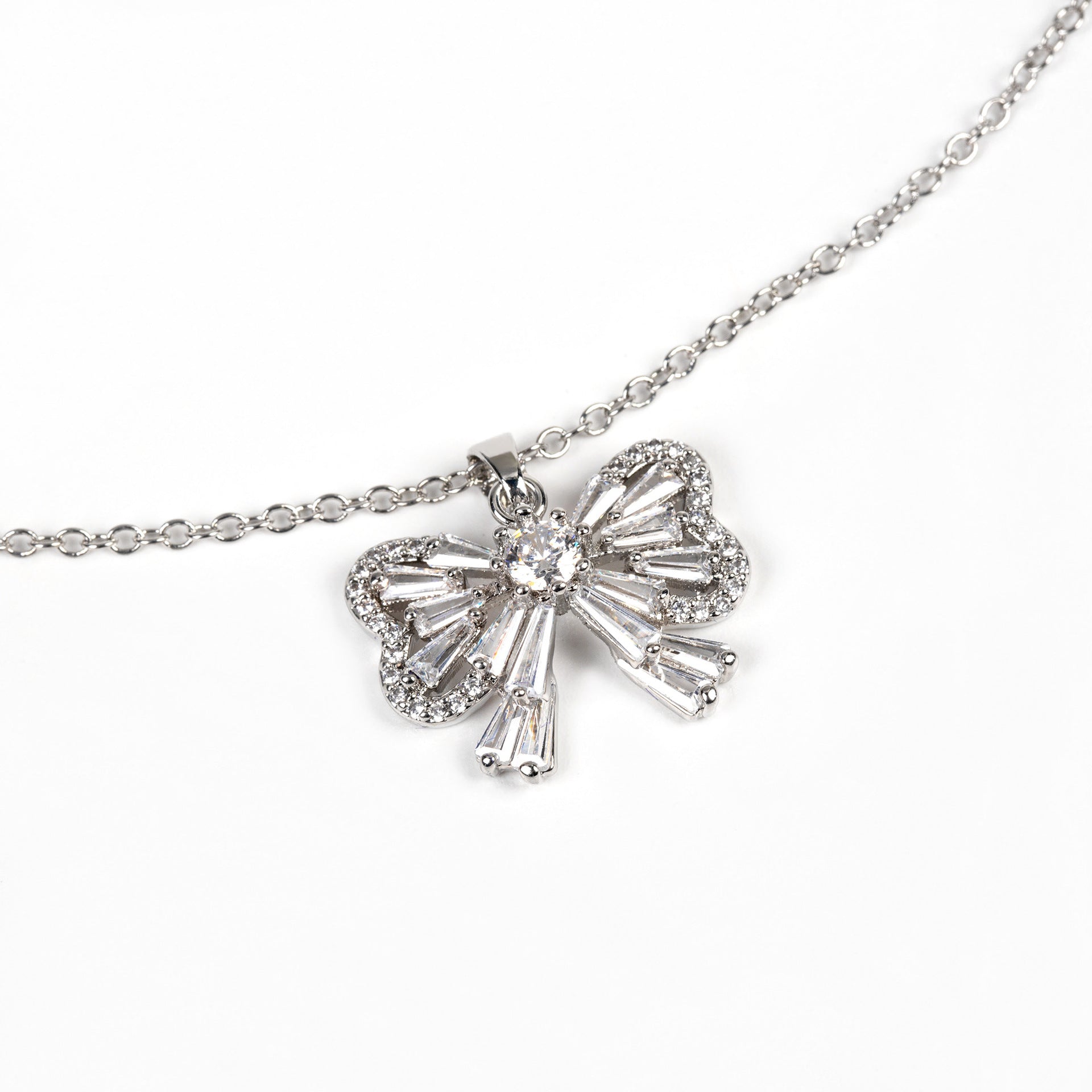 Elegant Silver Bow Crystal Necklace and Earrings Jewelry Set