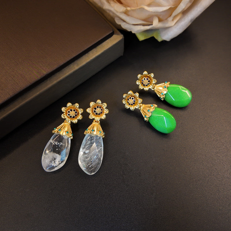 Ensemble collier, bracelet et boucles d'oreilles clous tournesol en diamant de pierre naturelle verte et cristal blanc