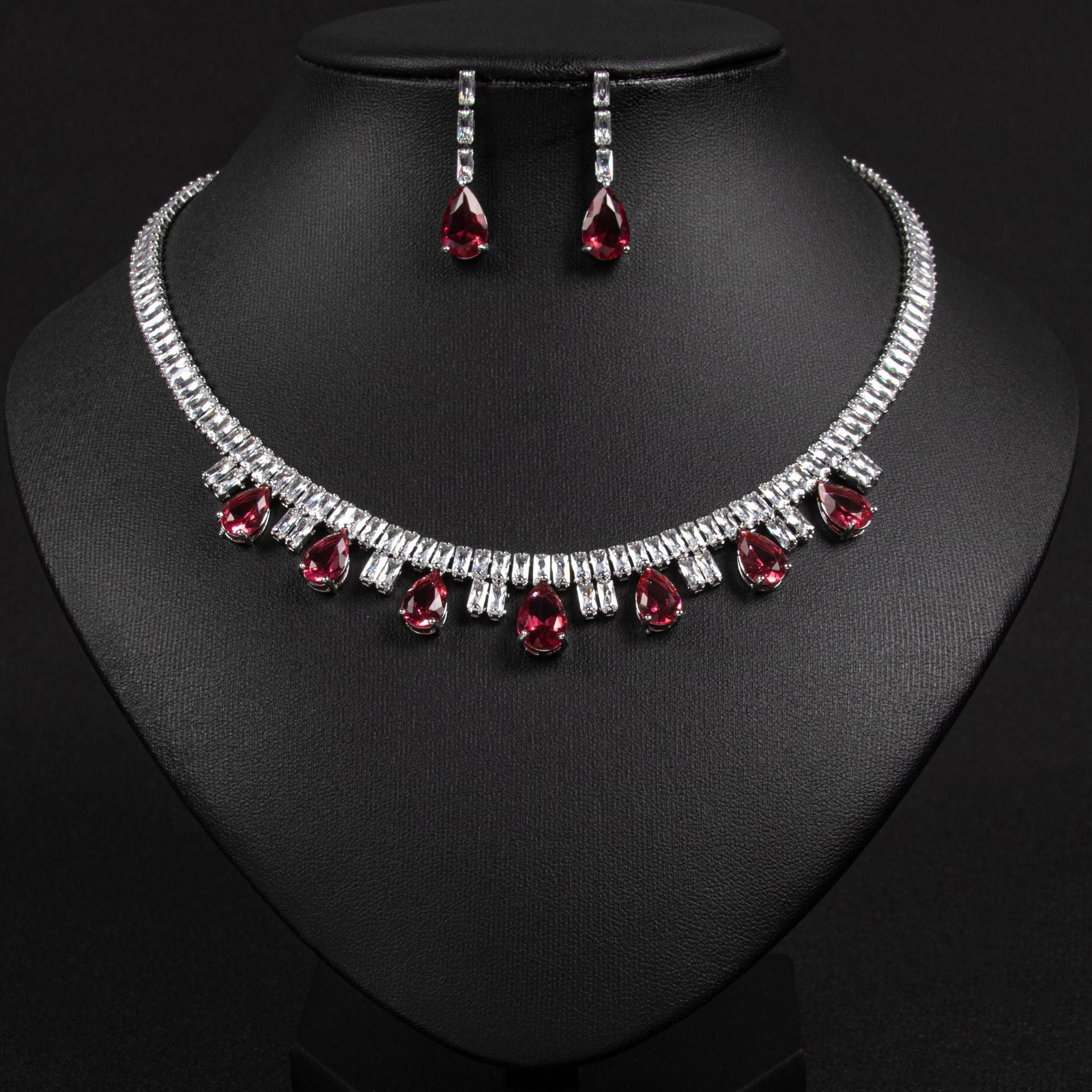 Luxury Ruby Red Teardrop Necklace Set for Women – Baguette Crystal Jewelry with Matching Earrings