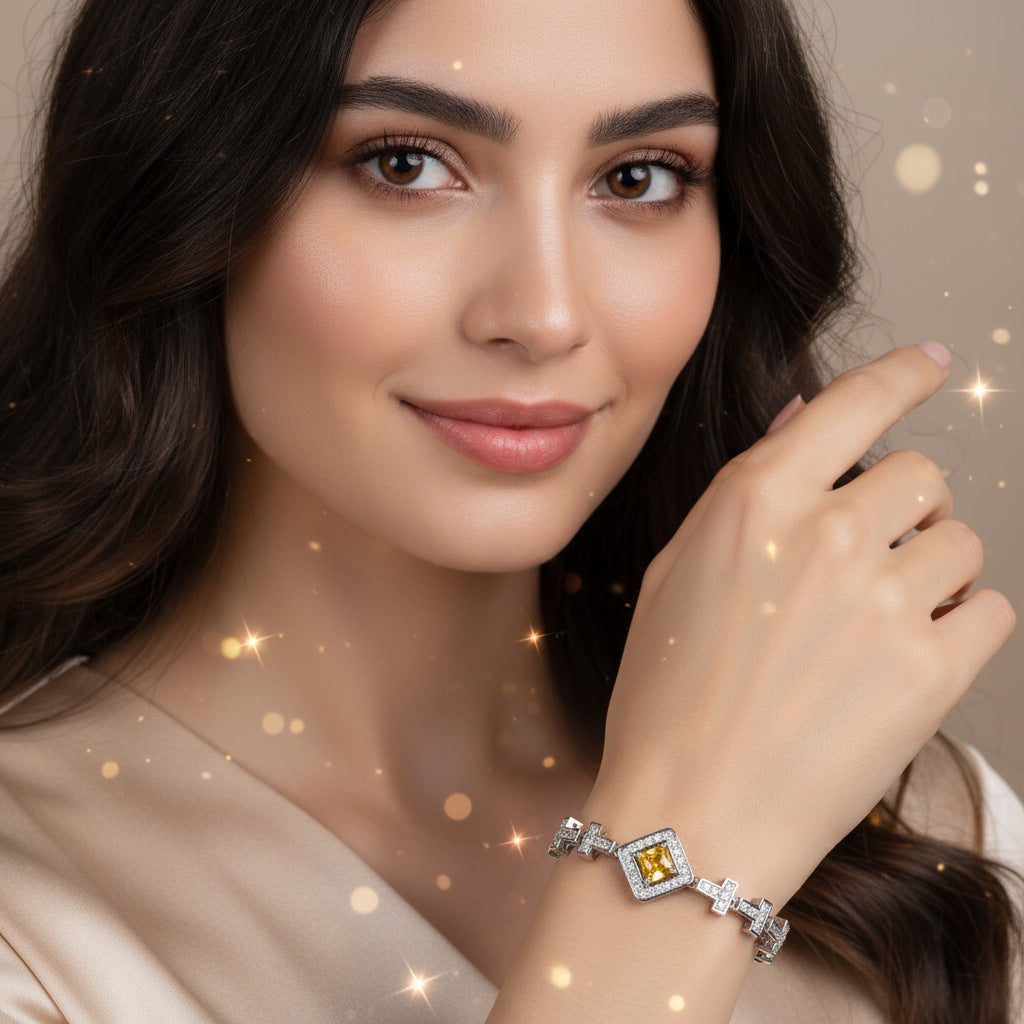 Luxury Yellow Square Crystal Bracelet – Silver Tone Halo Statement Jewelry for Women