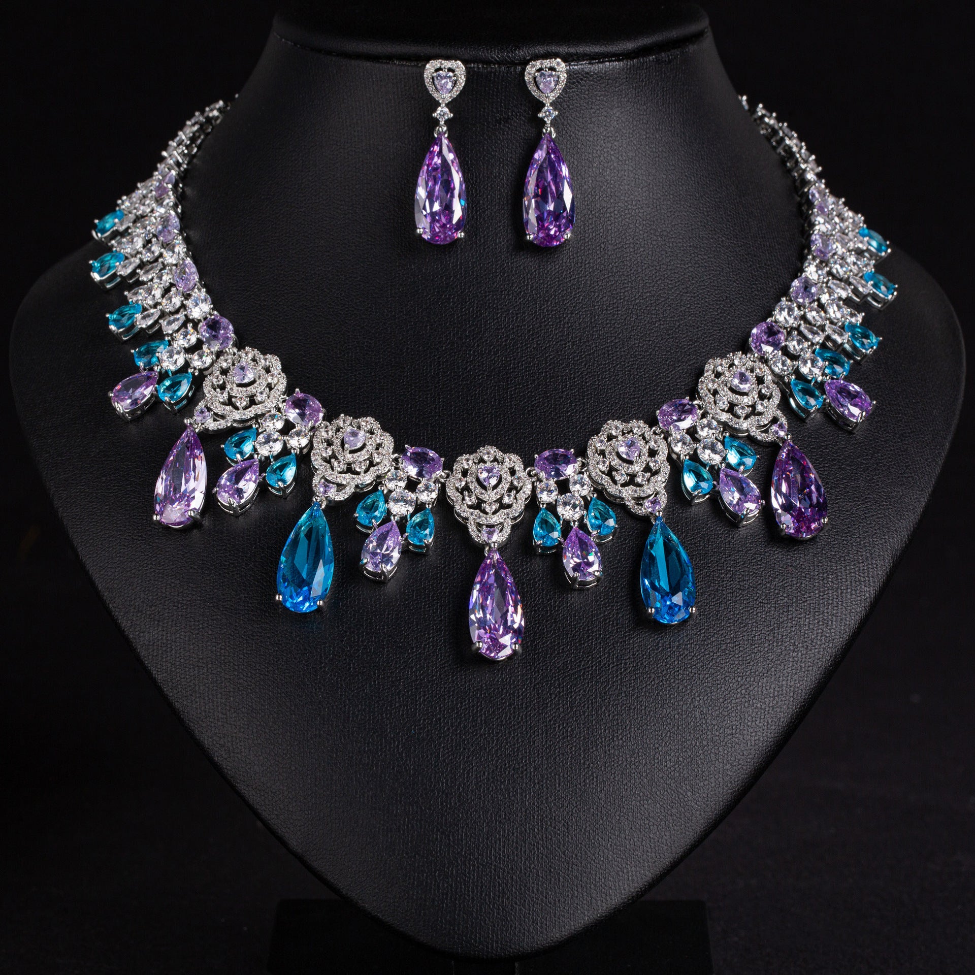Luxury Purple & Blue Gemstone Statement Necklace Set for Women – Floral Jewelry with Matching Earrings