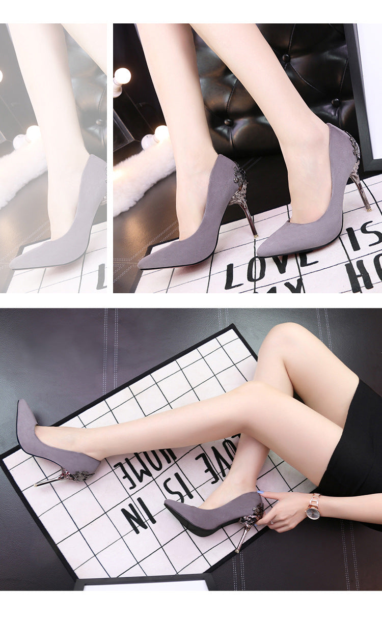 Metal hollow suede pointed heels