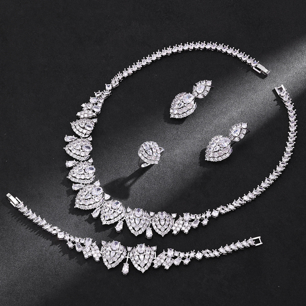 Luxury Heart Shape Crystal Jewelry Set Blue Pink Zircon Necklace Earrings Ring Bridal Statement Set for Women