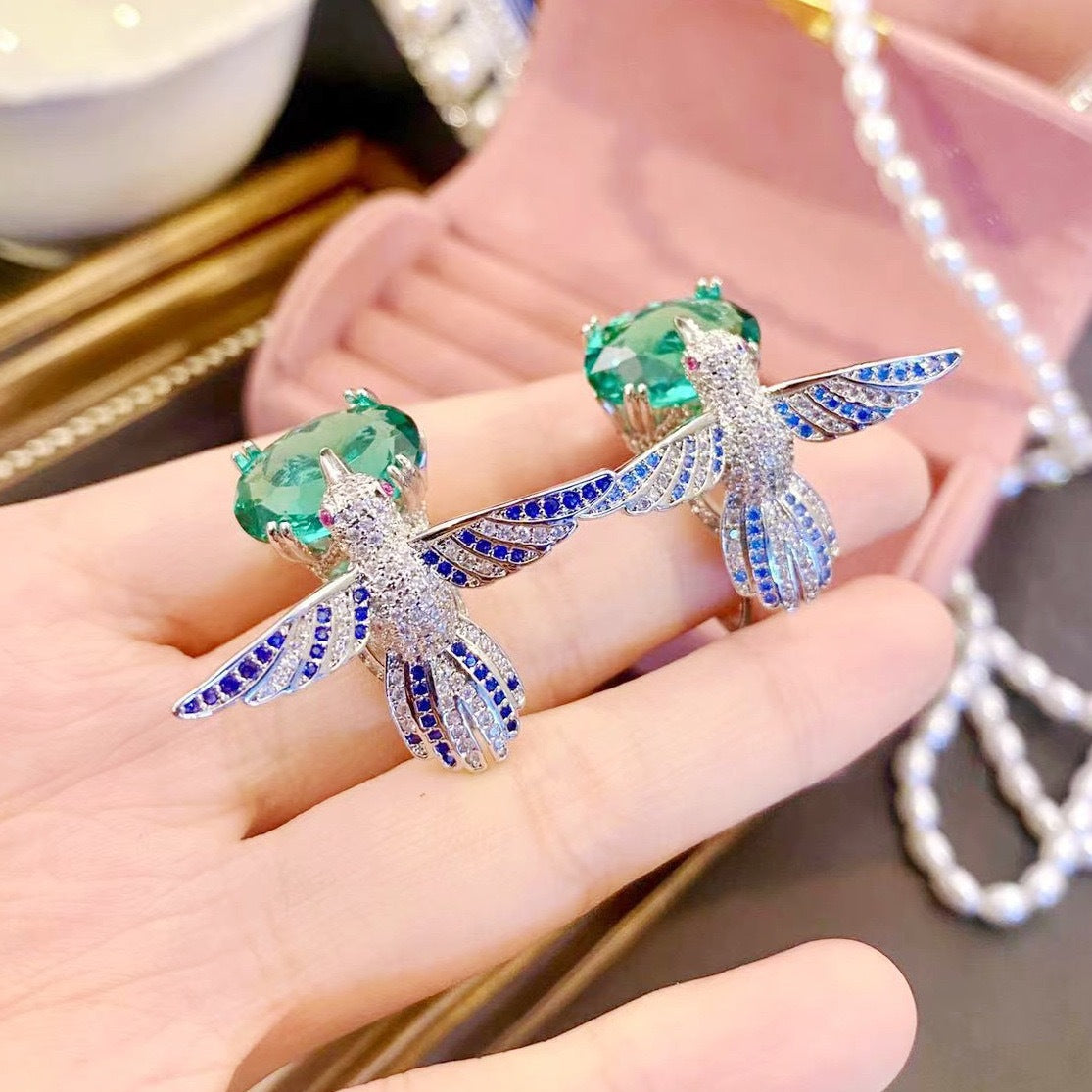 Emerald Green Crystal Hummingbird Ring for Women