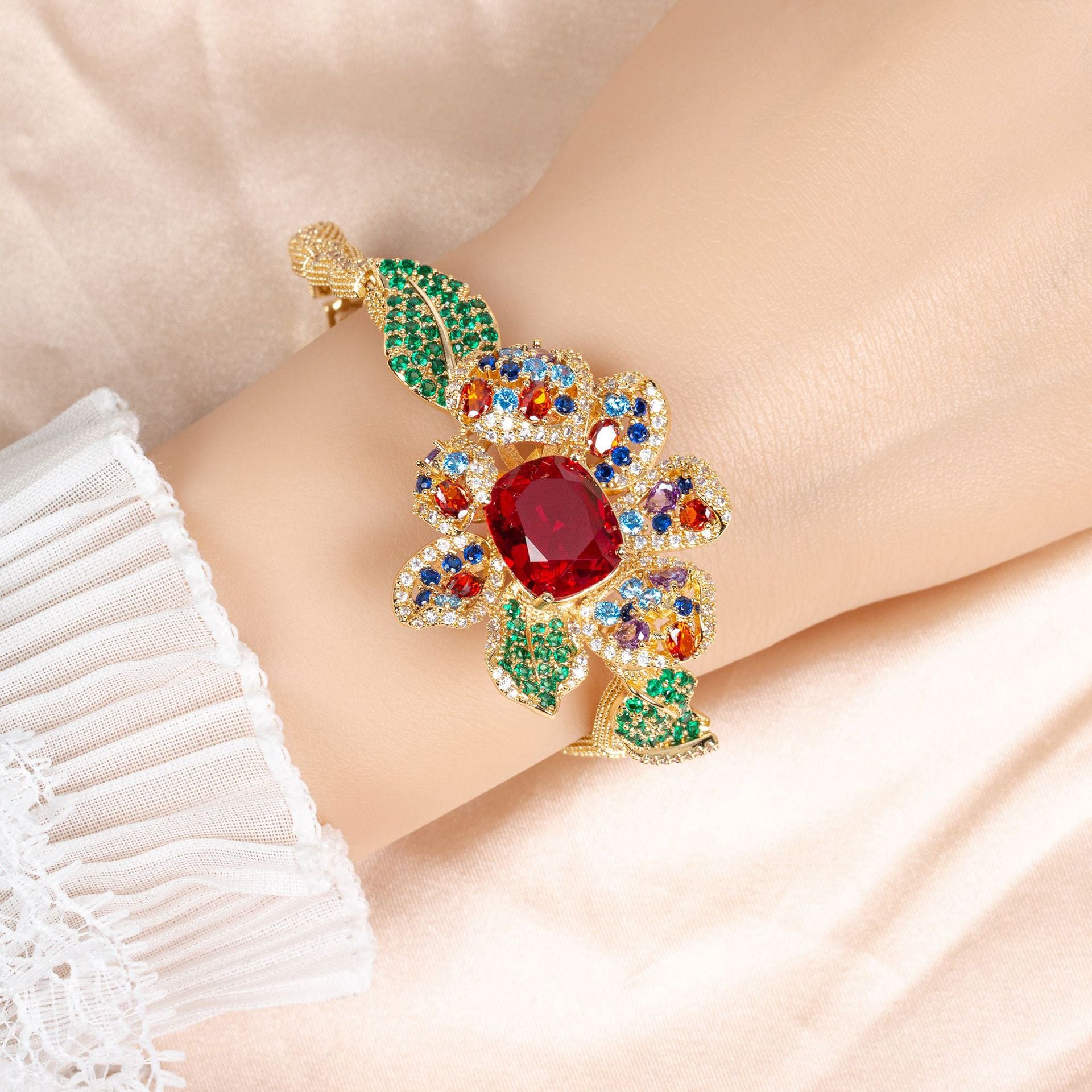 Luxury Blue Crystal Floral Bracelet – Elegant Statement Jewelry for Women