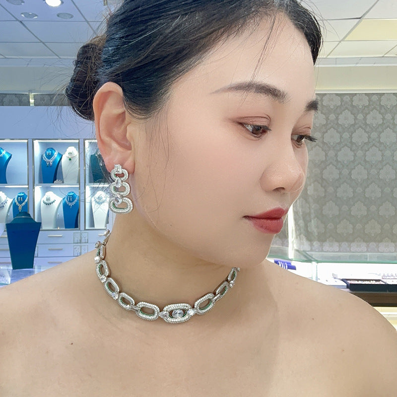 Luxury Oval Chain Diamond-Inspired Jewelry Set Necklace Earrings Elegant Statement Set for Women