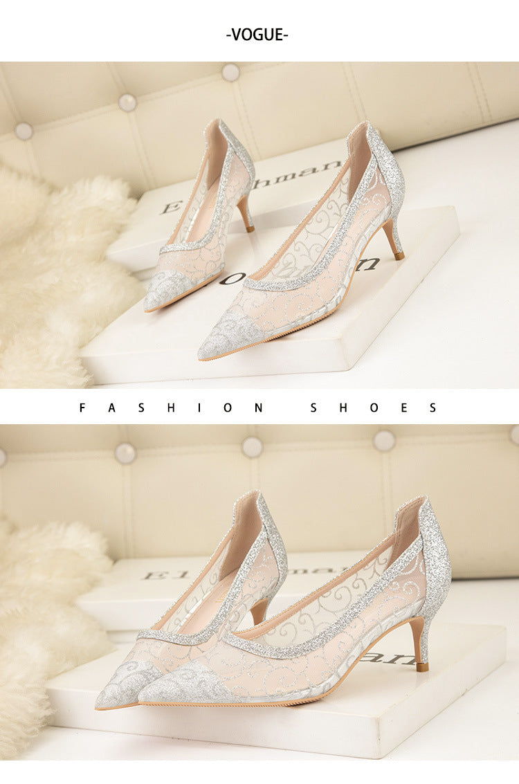 Pointed mesh hollow lace banquet wedding heels