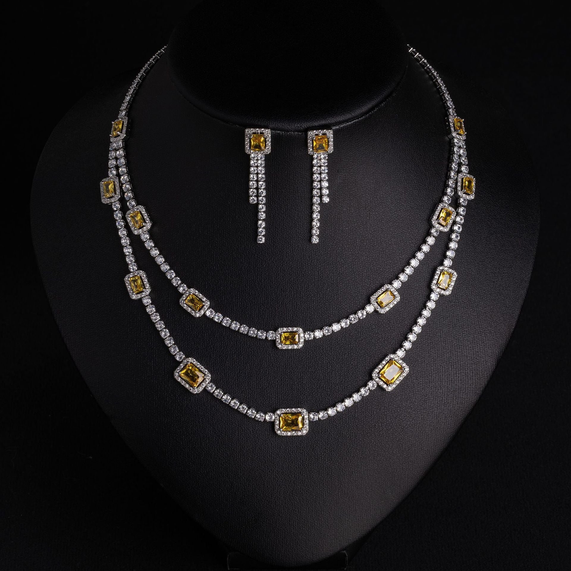Luxury Ruby Crystal Necklace Earrings Set – Sparkling Silver Statement Jewelry