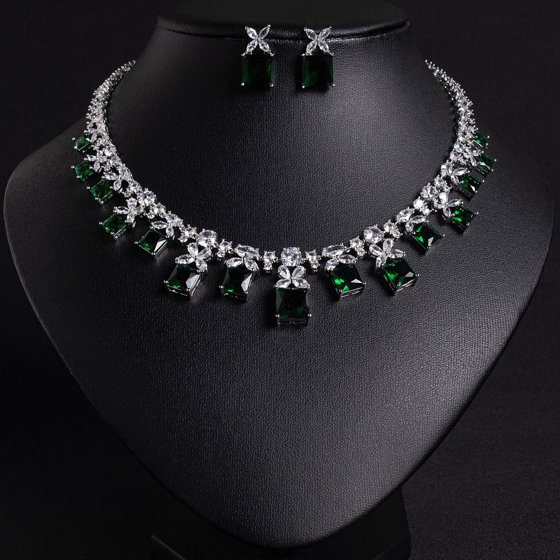 Luxury Ruby Red Square Gemstone Necklace Set for Women – Floral Statement Jewelry with Matching Earrings