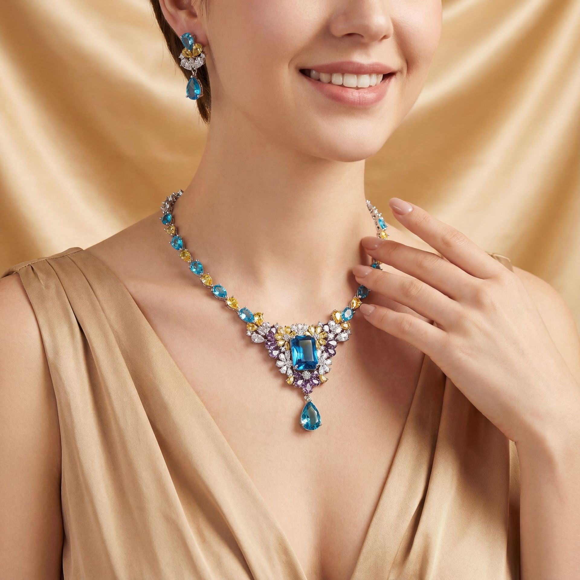 Luxury Royal Blue Gemstone Necklace Set for Women – Multicolor Statement Jewelry with Matching Earrings