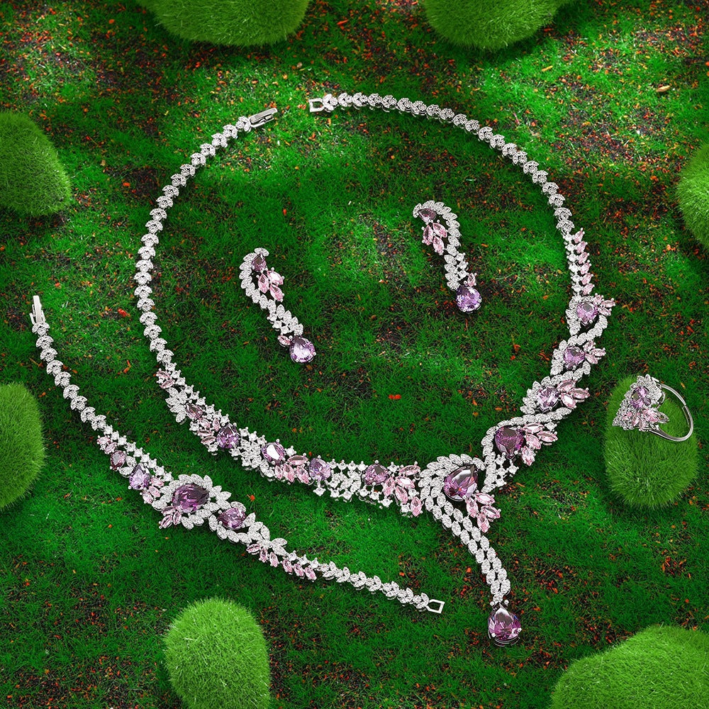 Luxury Pink Crystal Floral Jewelry Set – Necklace Earrings Bracelet Ring for Women