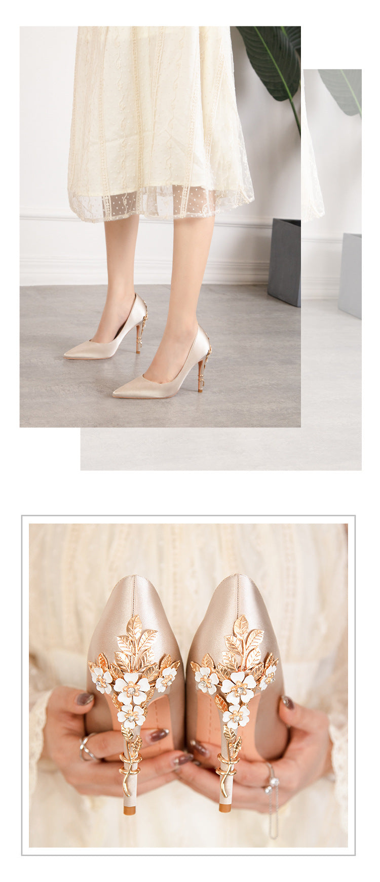 Sexy pointed satin metal flower high heels wedding shoes