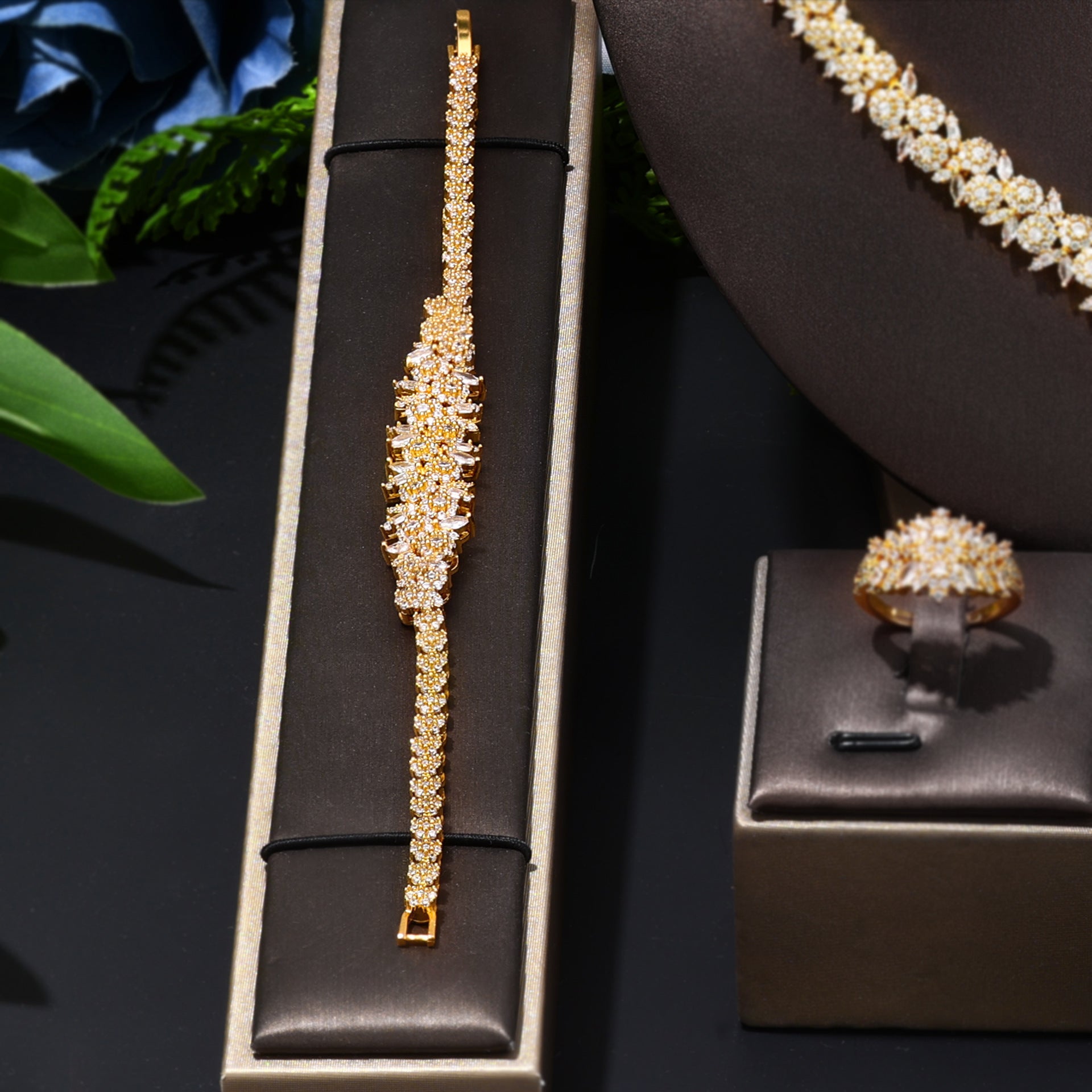 Luxury Gold Crystal Floral Jewelry Set Necklace Earrings Ring Bracelet Bridal Wedding Statement Jewelry for Women