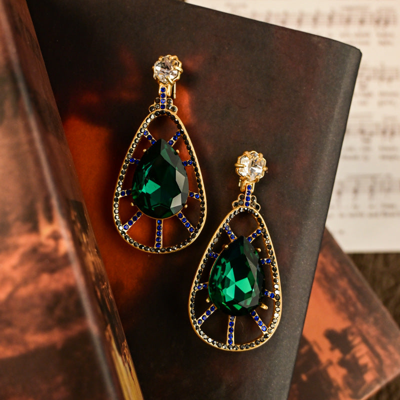 Premium malachite green rhinestone hollow water drop stud earrings