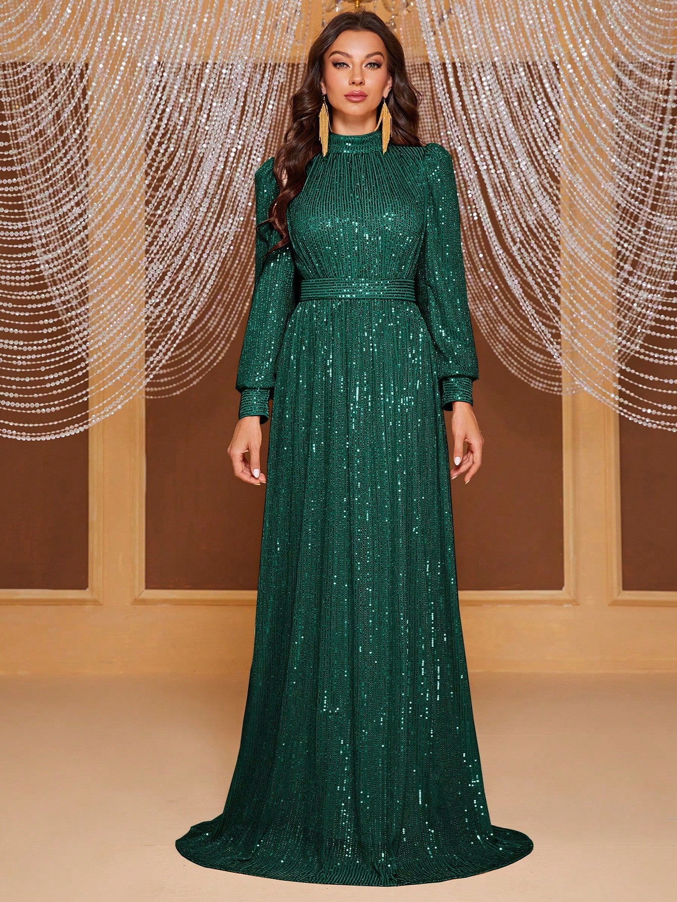 Solid color sequined long-sleeved stand-up neck evening dress long dress