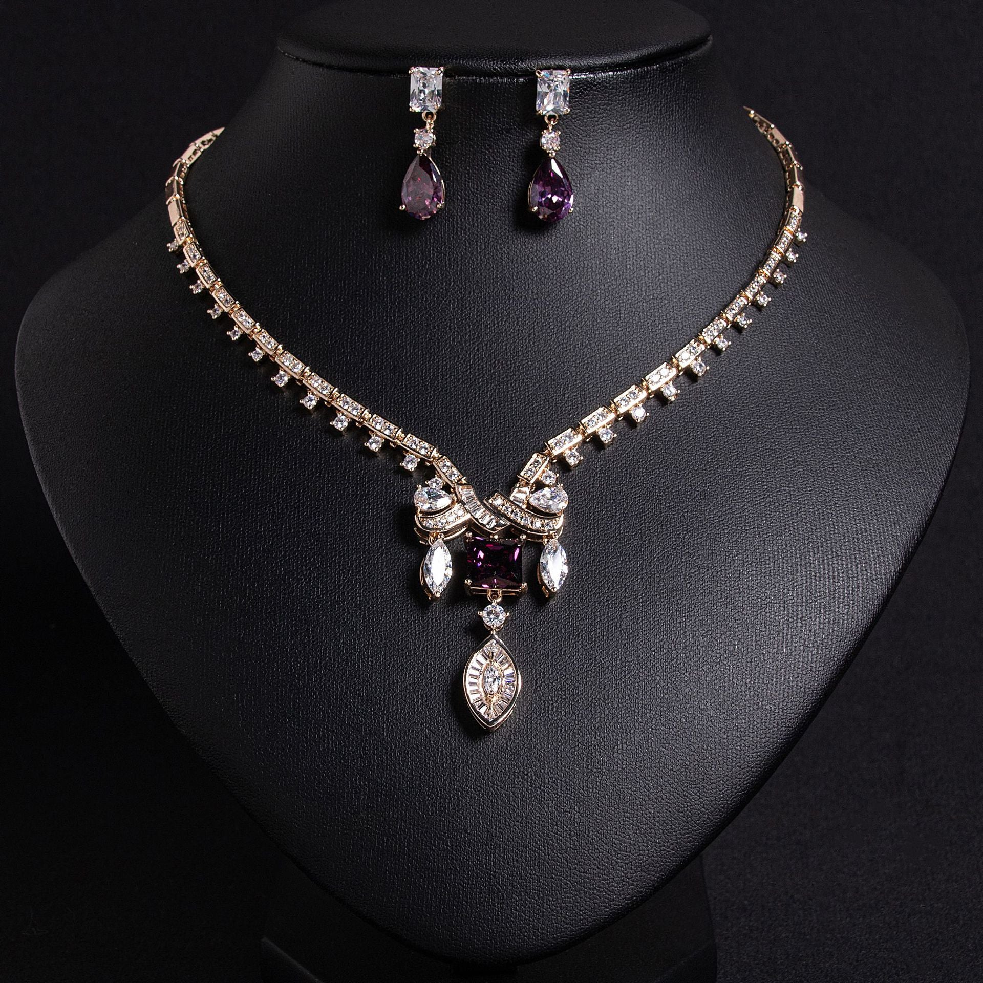 Luxury Ruby Red Crystal Necklace Earrings Set – Elegant Statement Jewelry for Women
