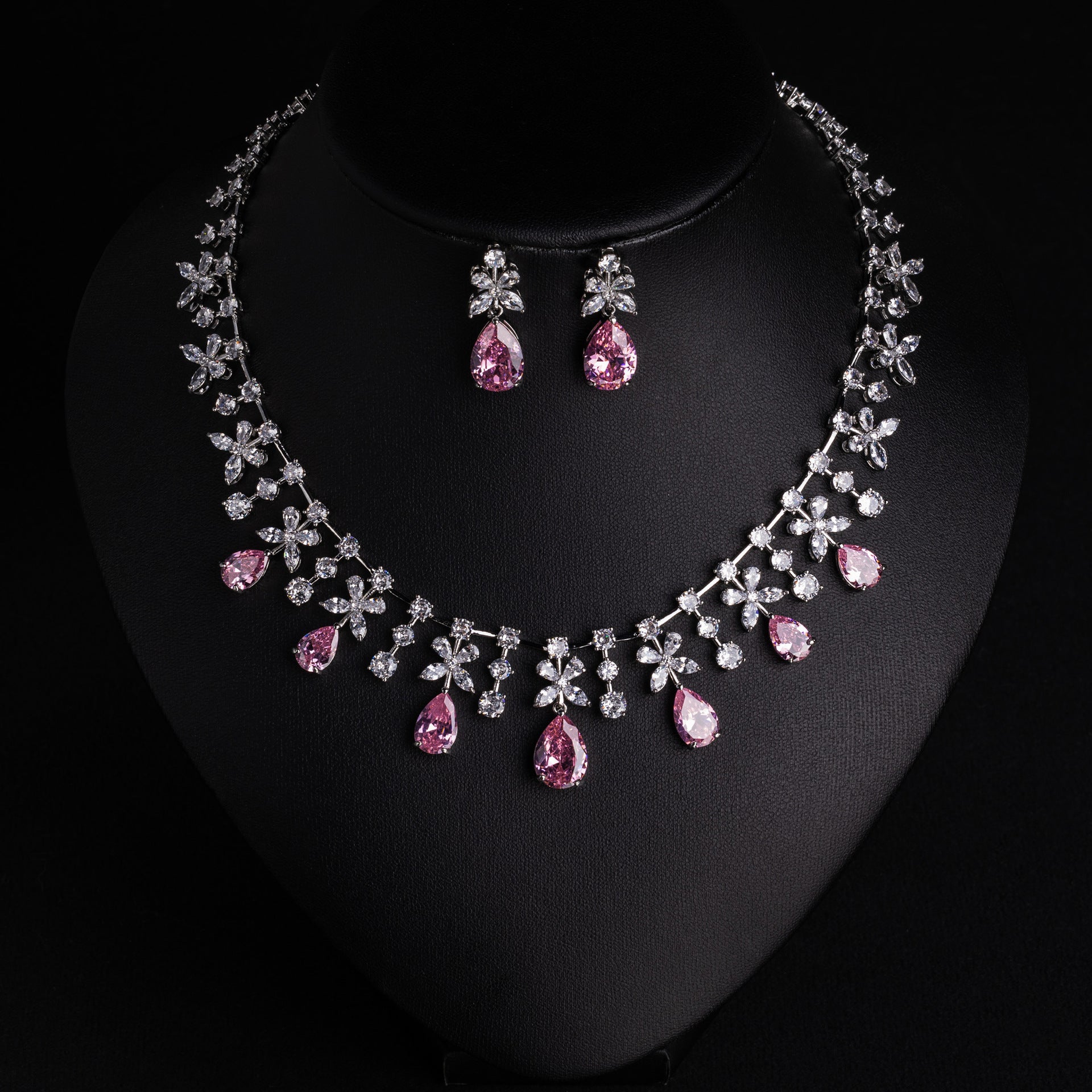 Elegant Emerald Crystal Flower Jewelry Set – Silver Necklace Earrings for Women